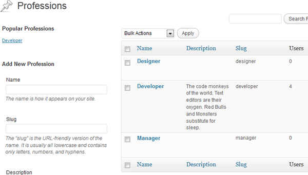 Manage user taxonomy terms admin page