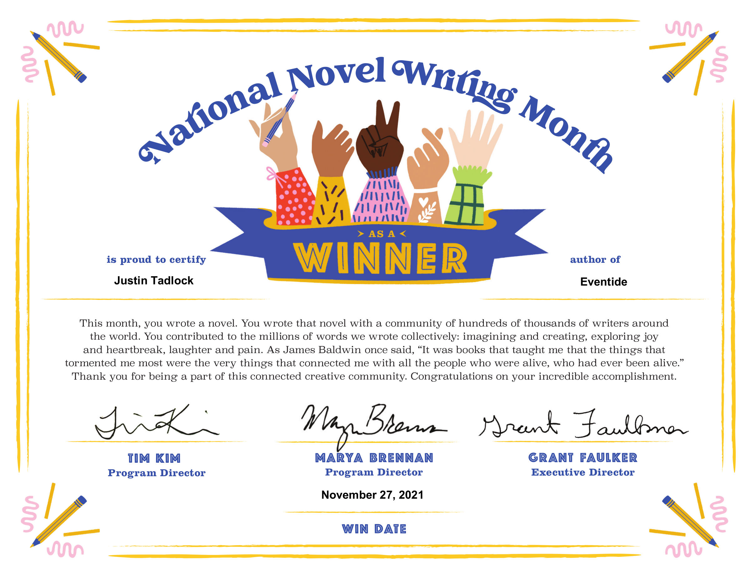 Certificate certifying winning National Novel Writing Month for 2021.