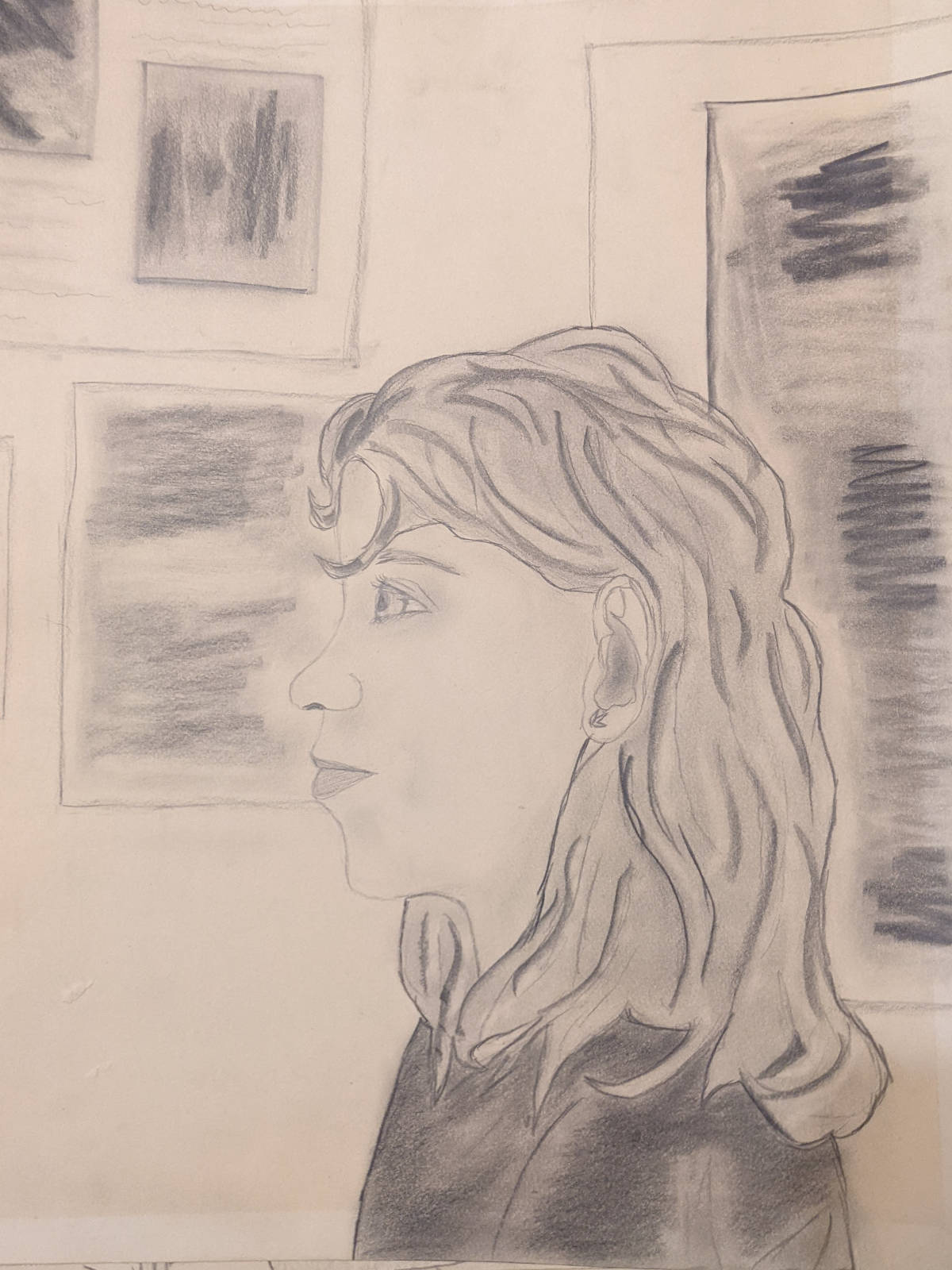 Pencil-drawn portrait of a teen girl.