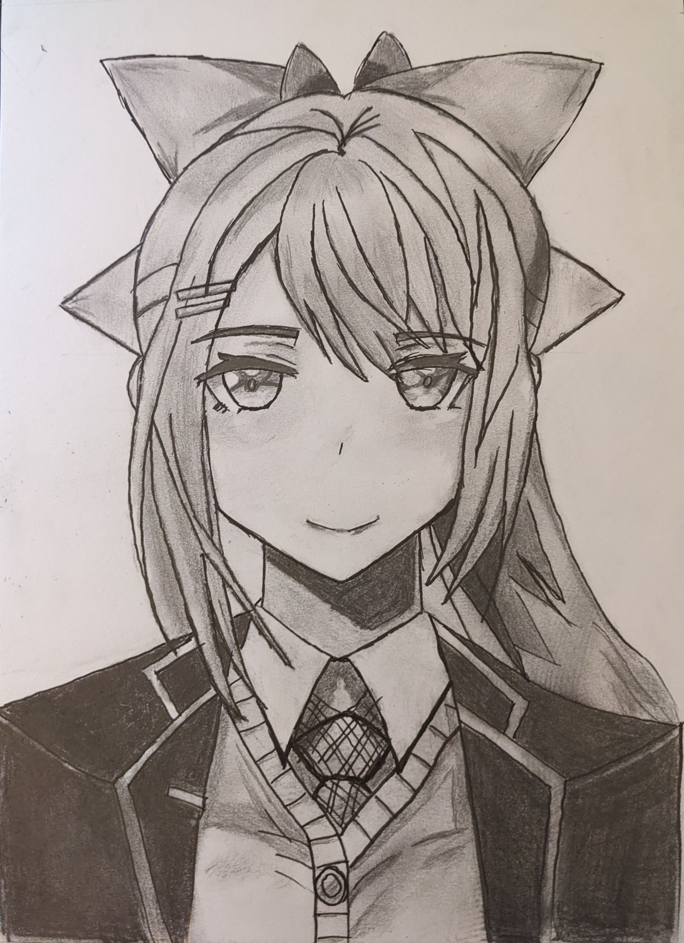 Sketch of a manga teen girl with light hair, wearing a suit and tie.