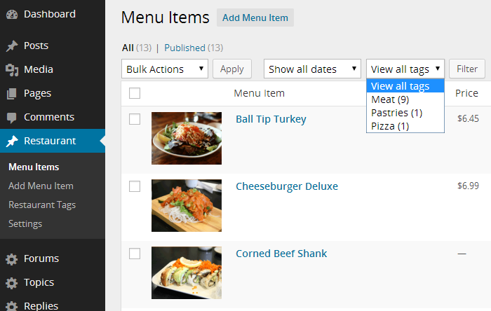 Screenshot: Restaurant menu items