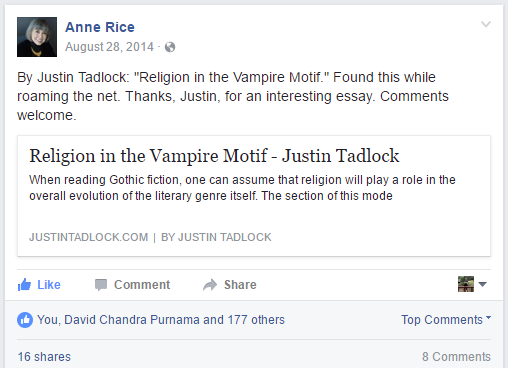 Proof that Anne Rice shared my essay