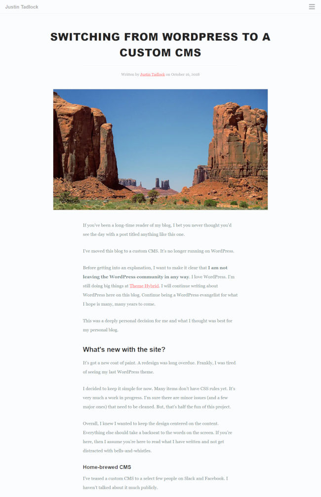 A redesign of JustinTadlock.com with simple colors. The page has an off-white background. The post content in the screenshot has a large featured image followed by text.