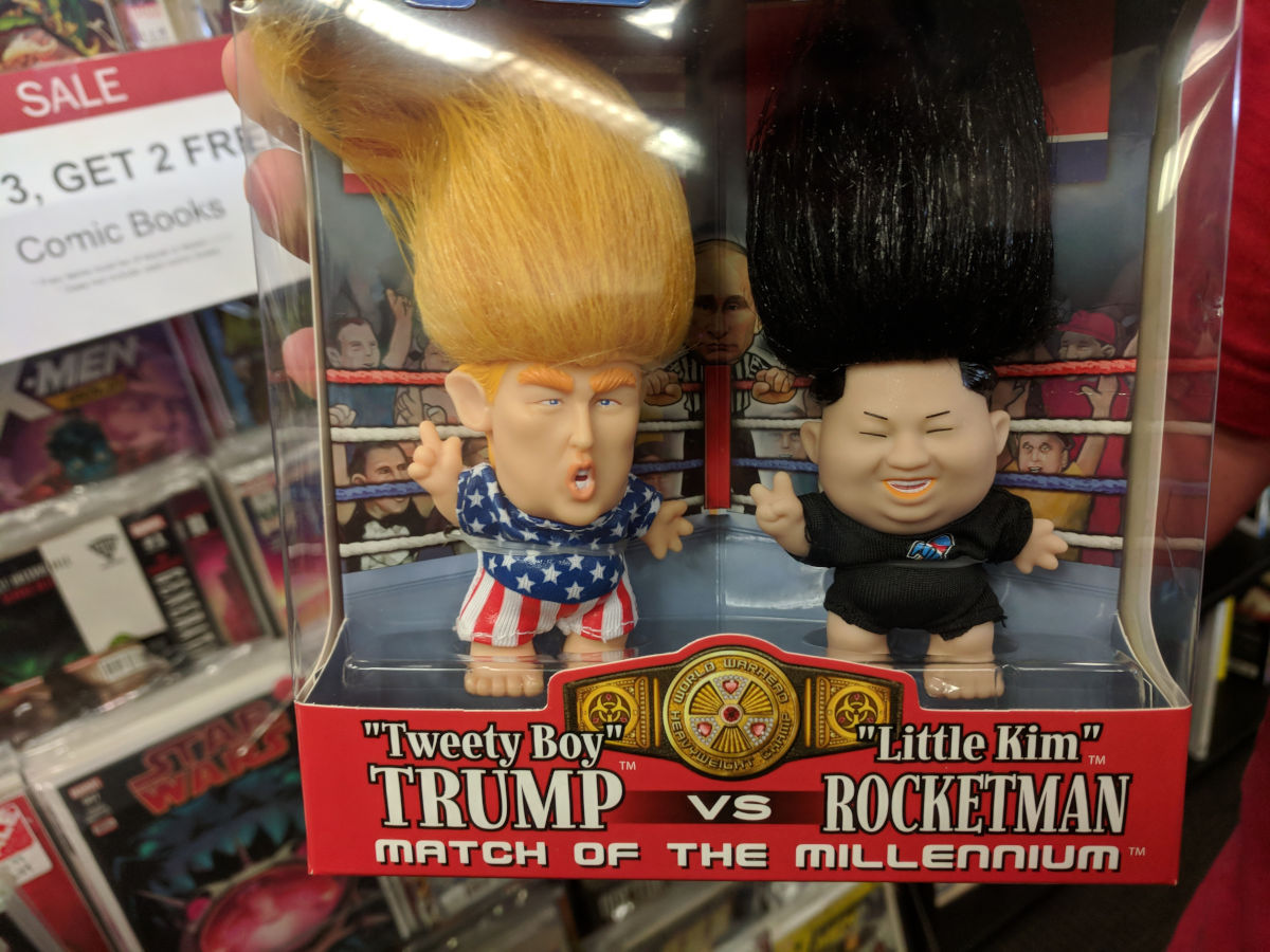 Troll dolls of Donald Trump and Kim Jong-un.
