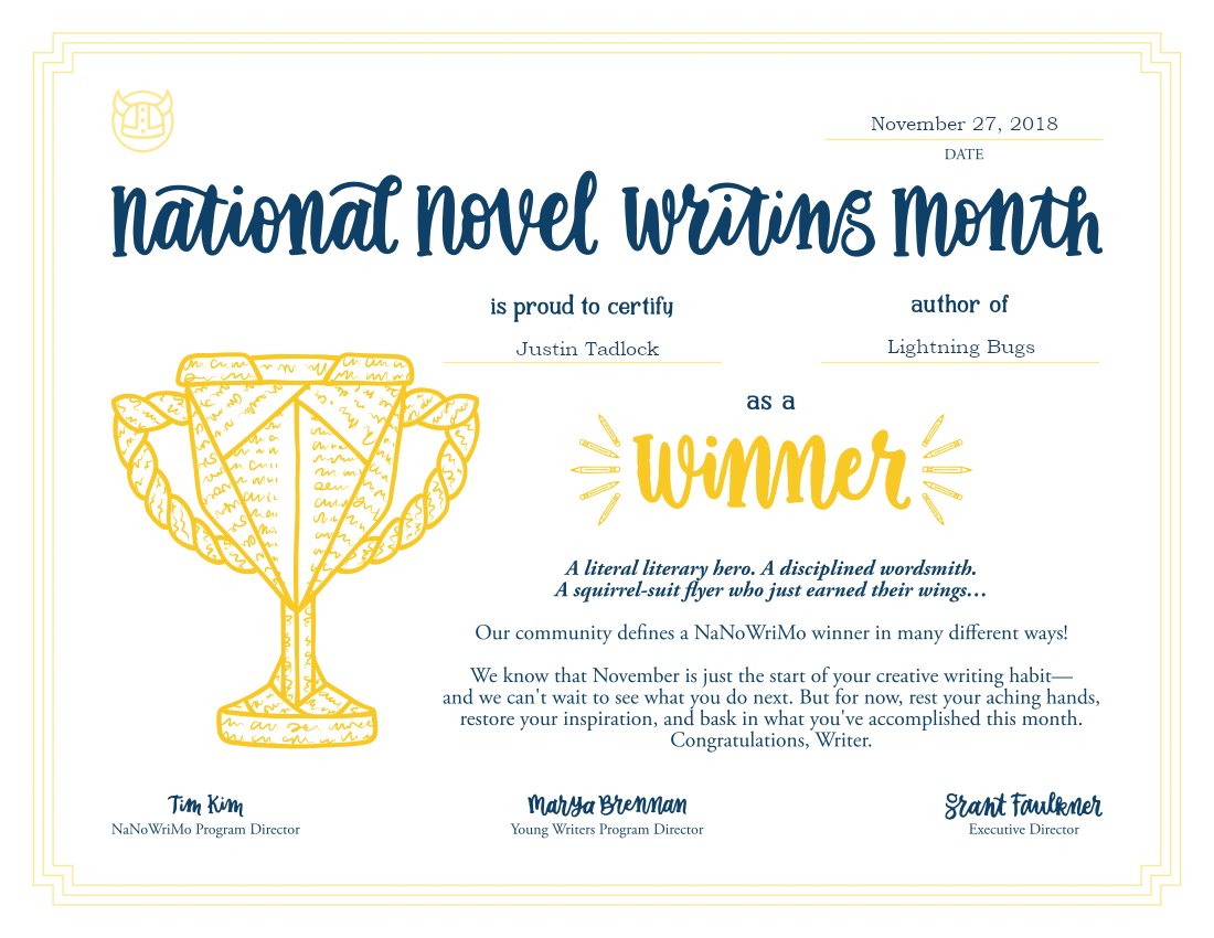 Winner’s certificate for the 2018 National Novel Writing Month
