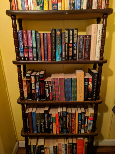 Bookshelf lined with a little over 100 books.