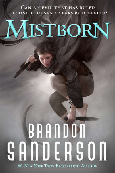 Cover of the Mistborn novel, featuring a girl, Vinn, in a cloak with two blades in her hands.