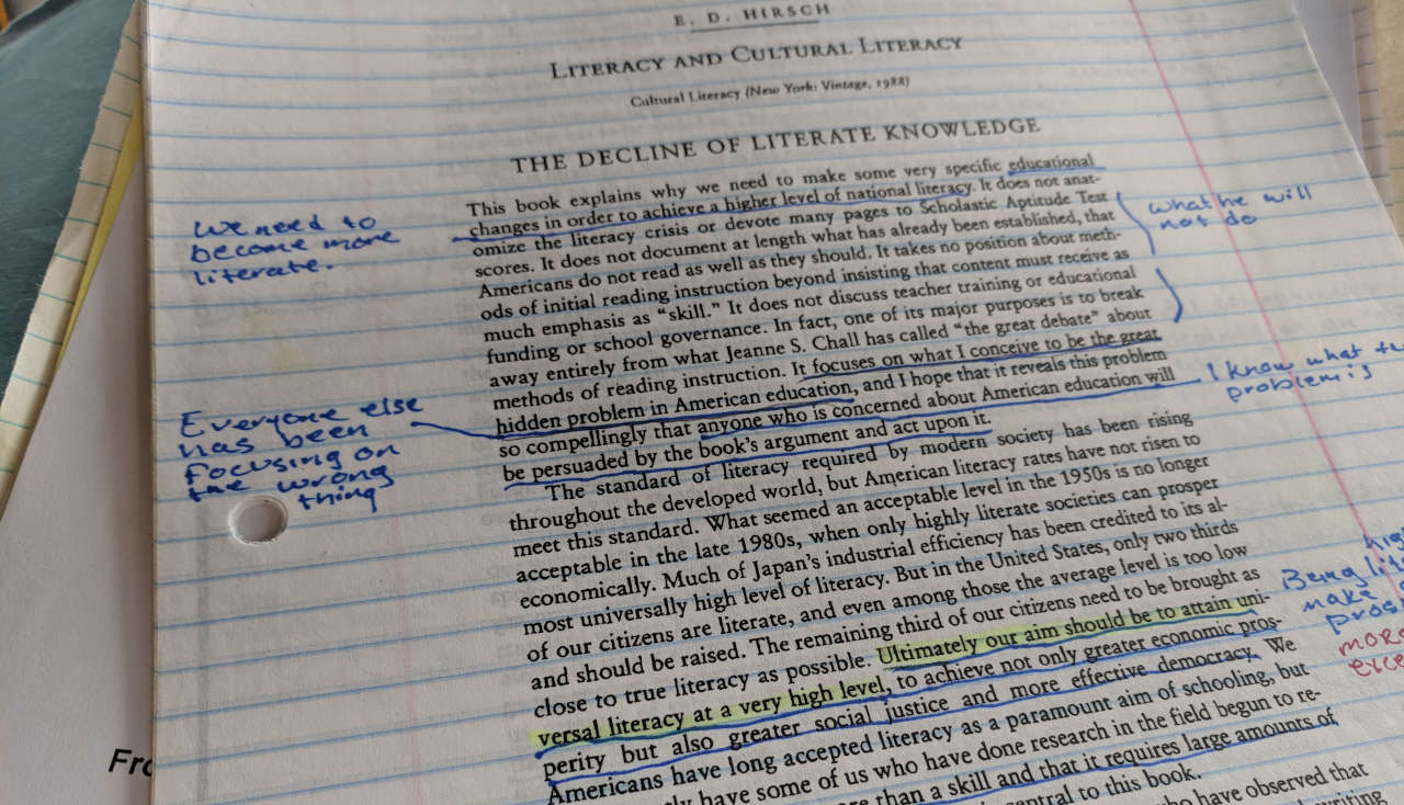 Old college notes and highlights from an English an essay on literacy.