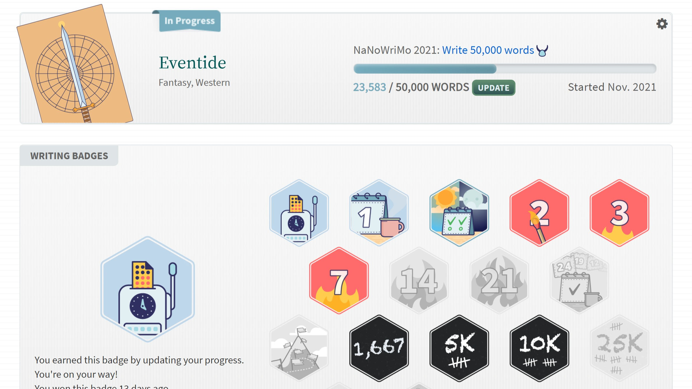 Screenshot of my NaNoWriMo profile, which shows stats and badges.