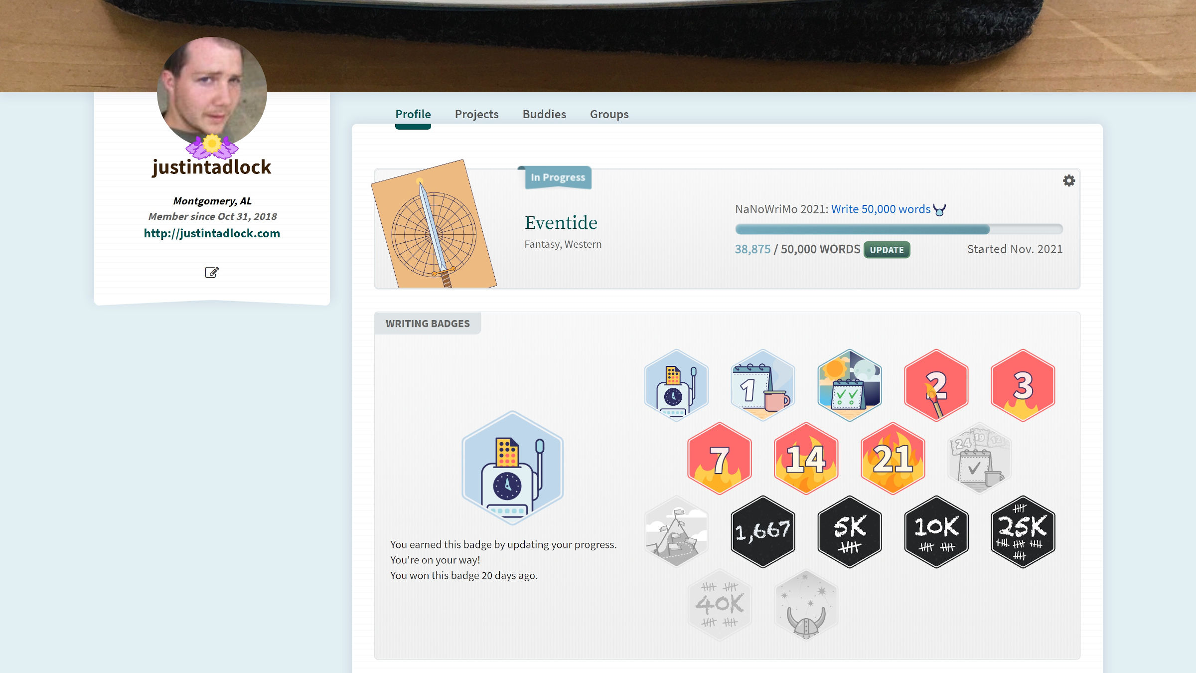 Screenshot of my NaNoWriMo profile for 2021, which displays my current word count and badges.