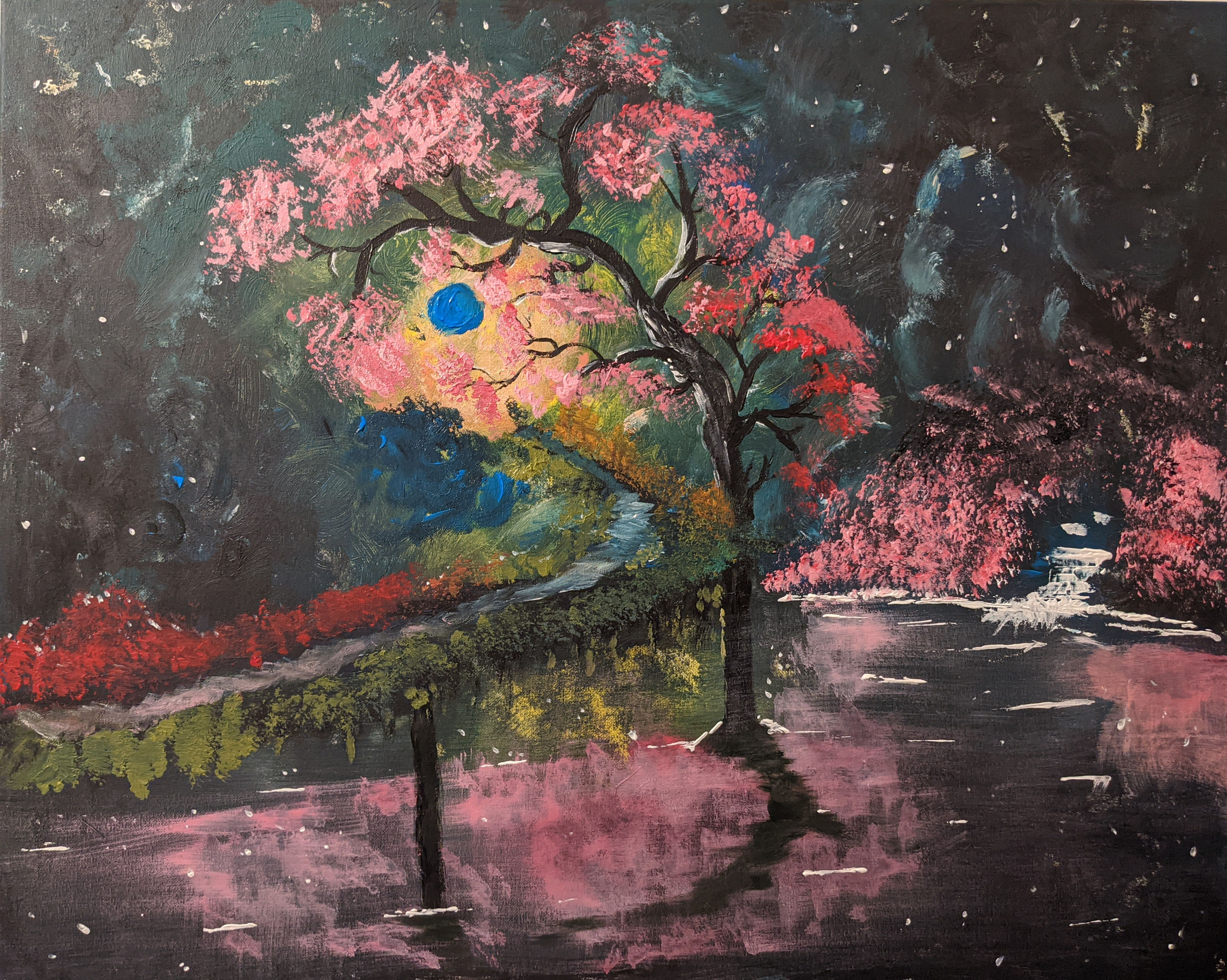 Dark abstract night painting. It features a bridge curving over the water headed toward the moon/light in the distance.  A tree hangs over the bridge. There is a small waterfall on the right.