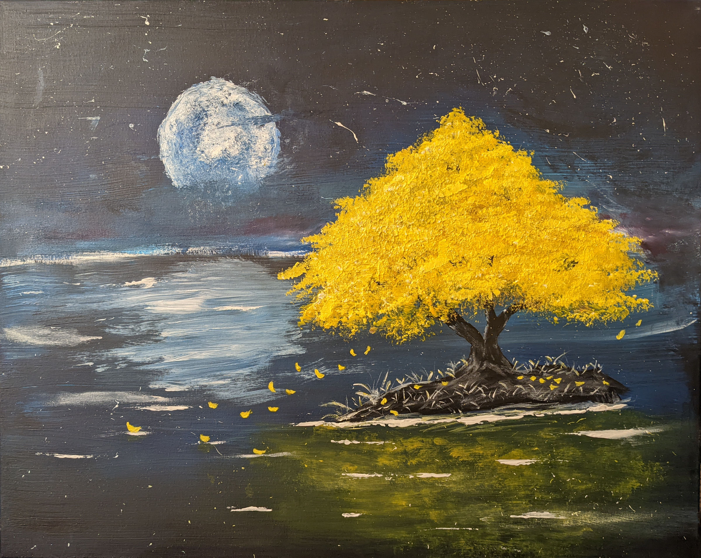 Bright yellow tree on a small island in the middle of water at night. Its leaves are blowing in the wind.