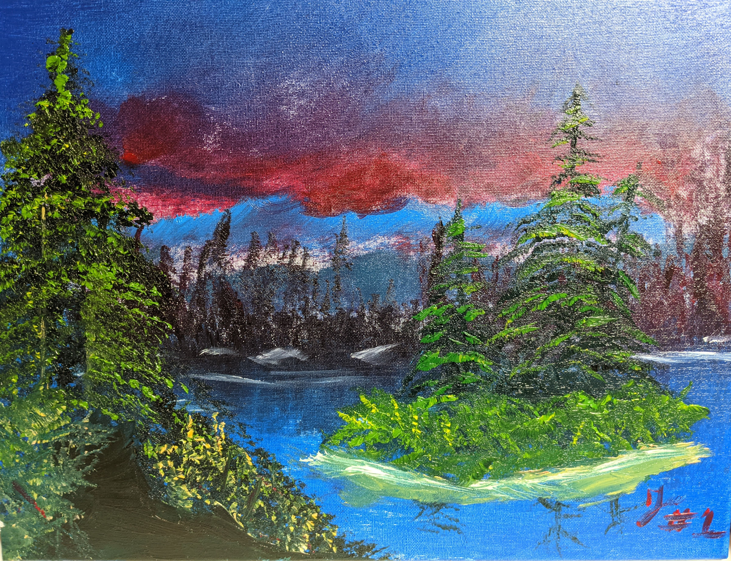 Oil painting of small pond with an island of trees in the middle. Mountains of trees in the background.