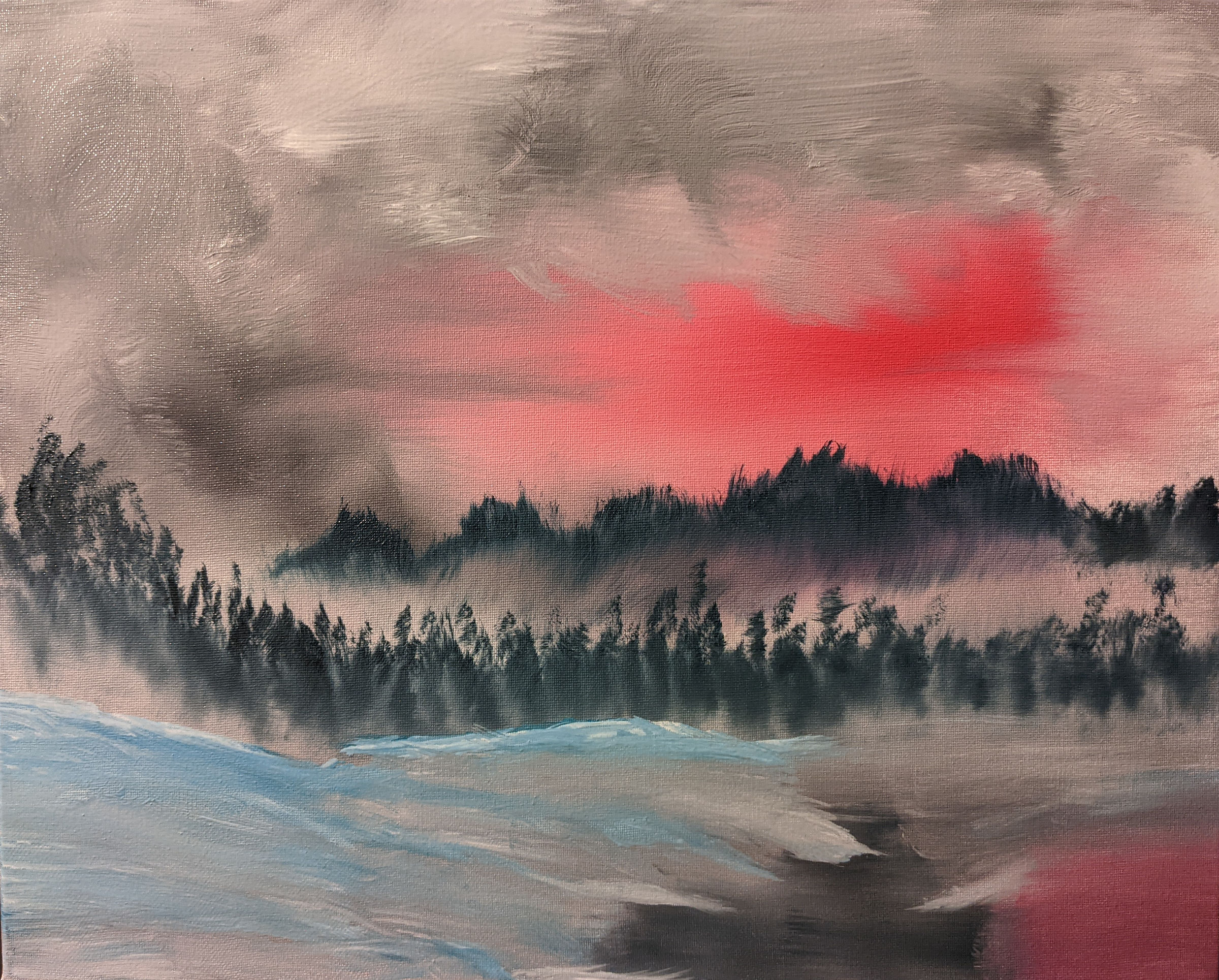 Oil painting of a frozen ground and water in the foreground. Trees and mountainous area in the background and a red and gray stormy sky.