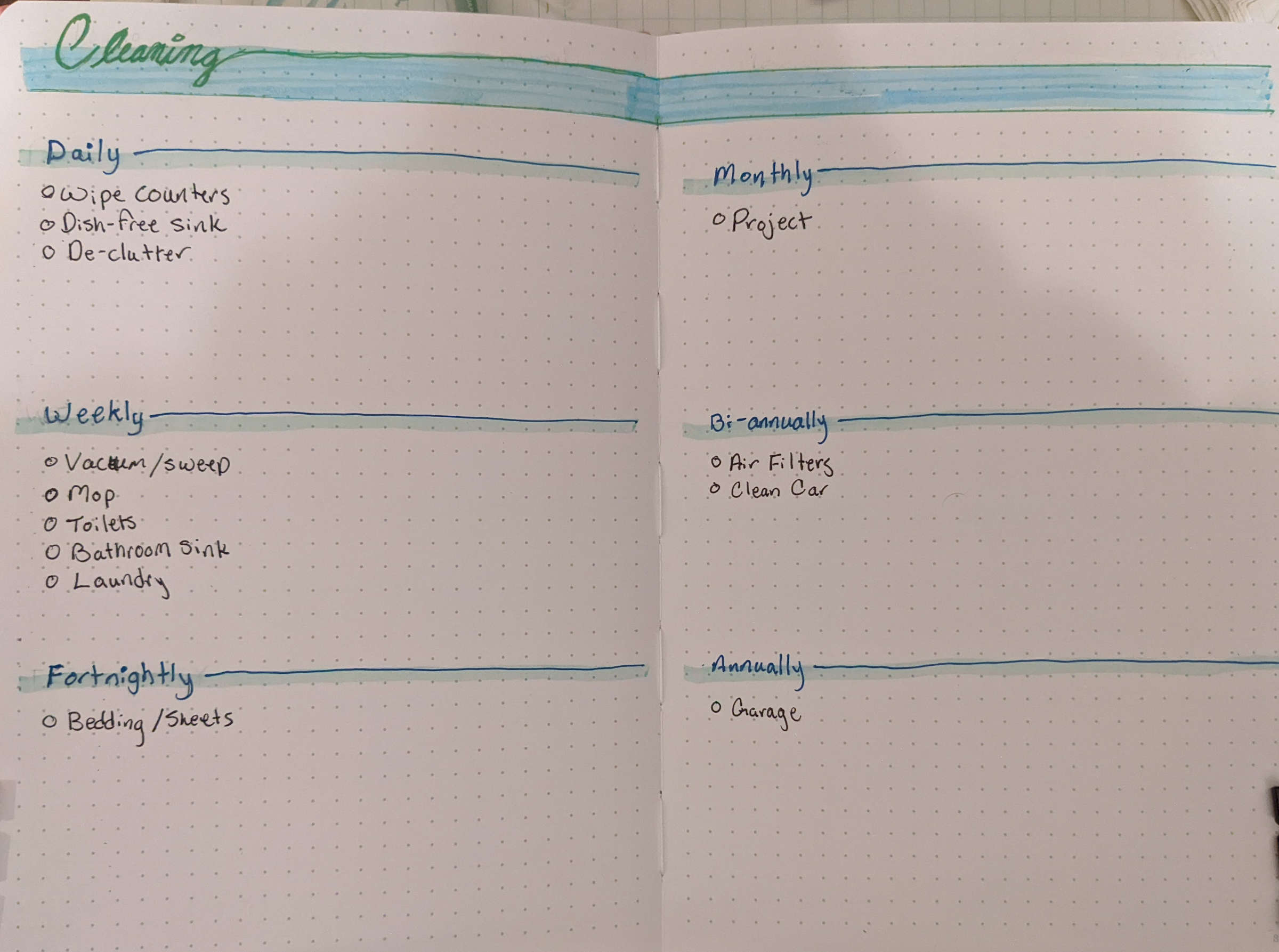 Two-page bullet journal spread for cleaning tasks - daily, weekly, fortnightly, monthly, bi-annually, and annually.