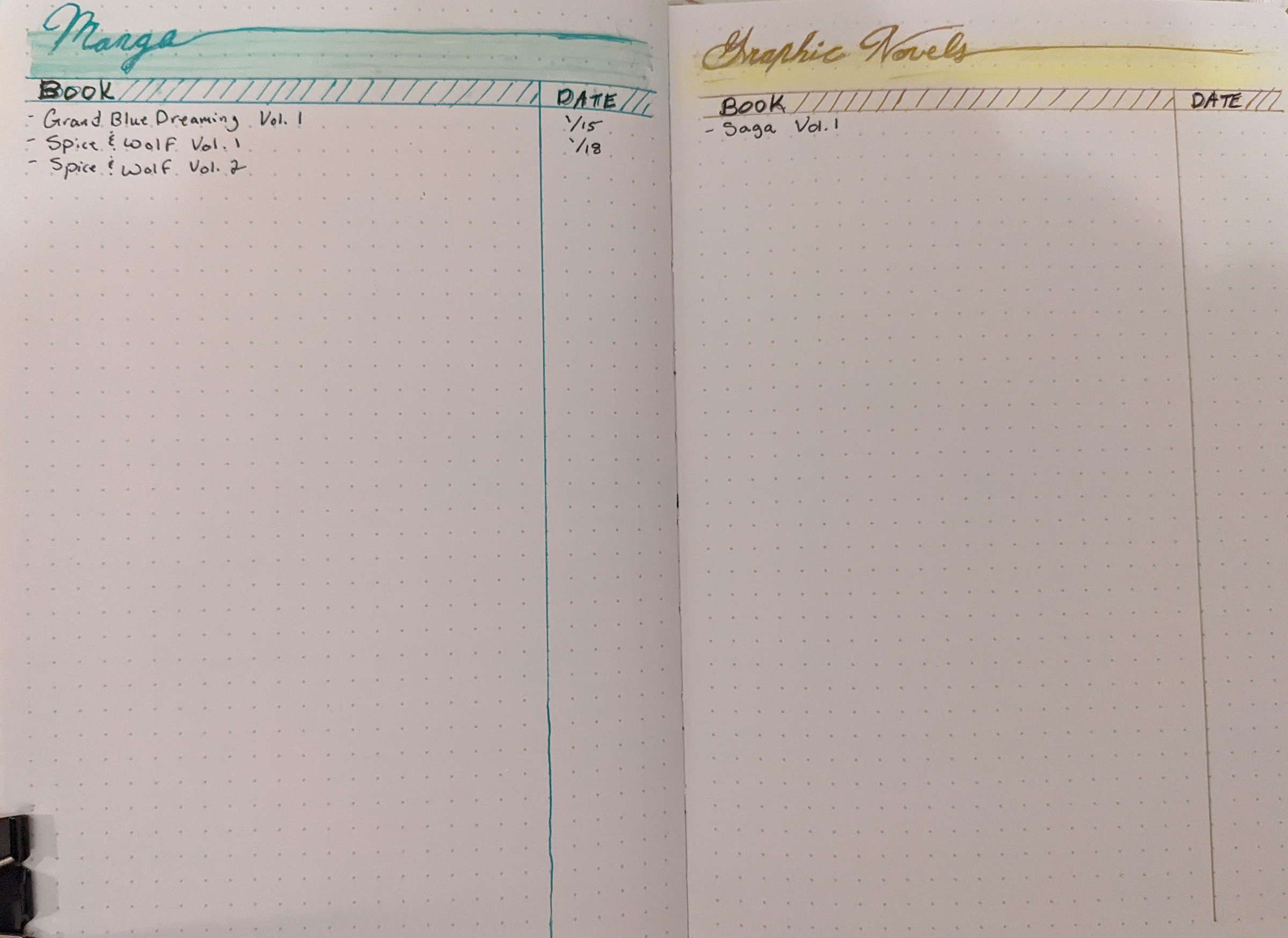 Two-page bullet journal spread. On the left is a “manga” section.  On the right is a “graphic novels” section.