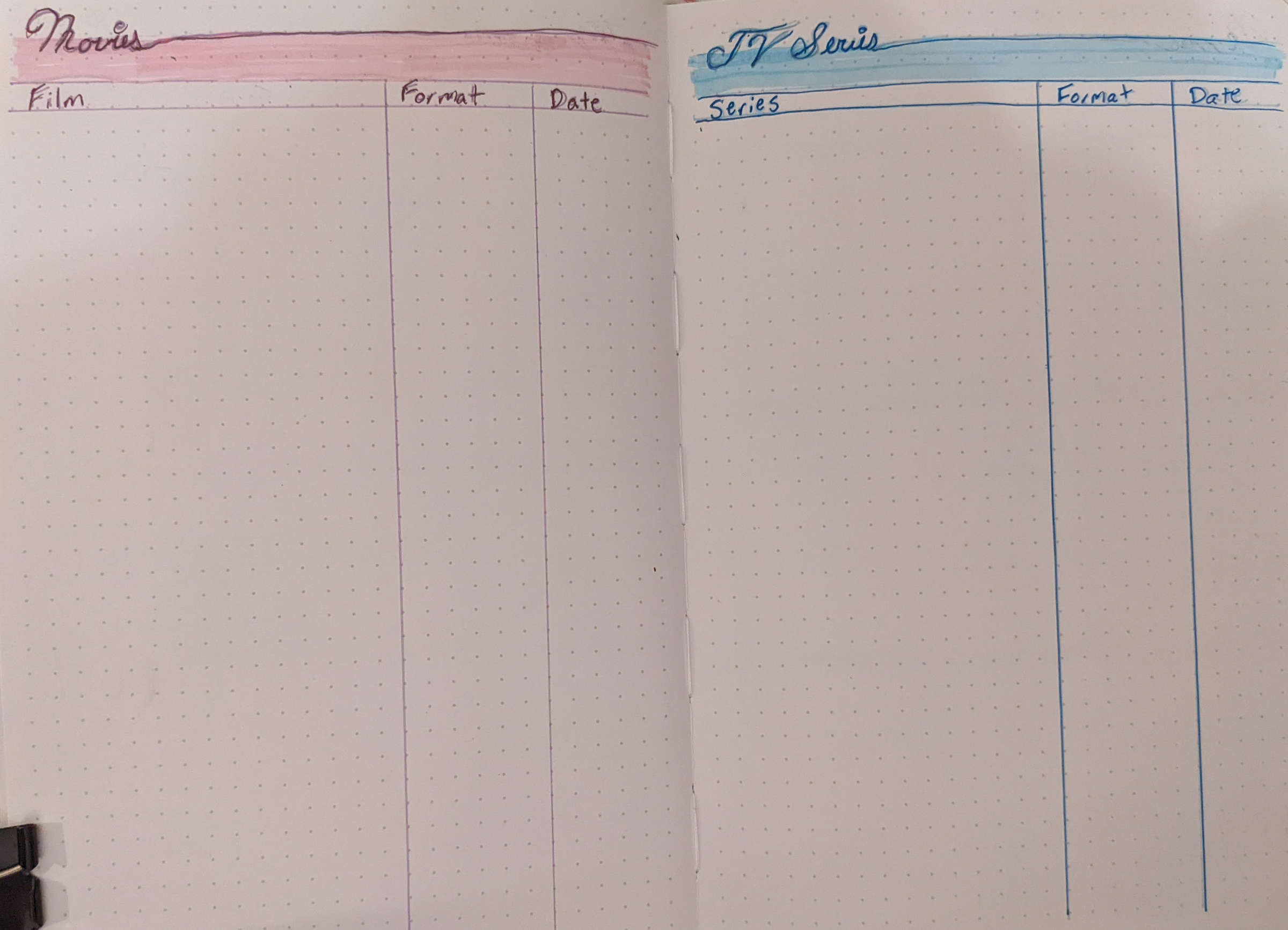Two-page bullet journal spread. On the left is a “movies” section.  On the right is a “TV series” section.