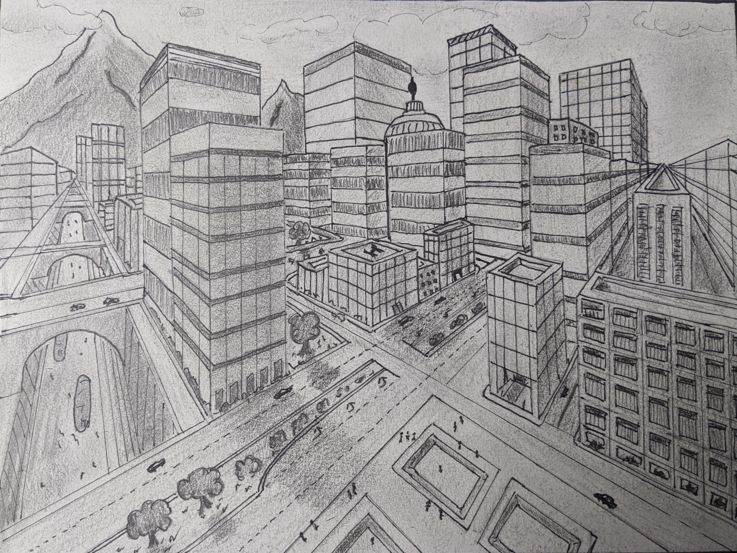 Hand-drawn city from a two-point perspective. City streets cross in an X.