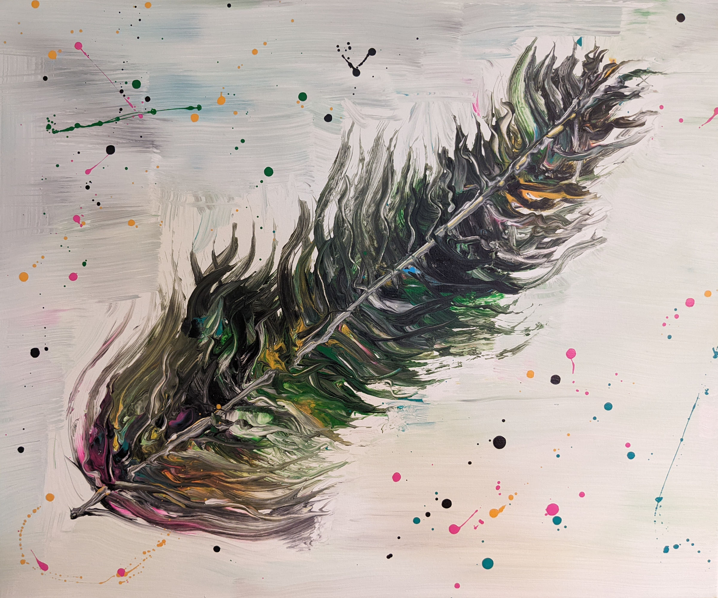 Dirty, multicolor feather set diagonally across a canvas. The background is mostly negative white space with hints of colors mixed in and dots of various colors sprinkled atop.