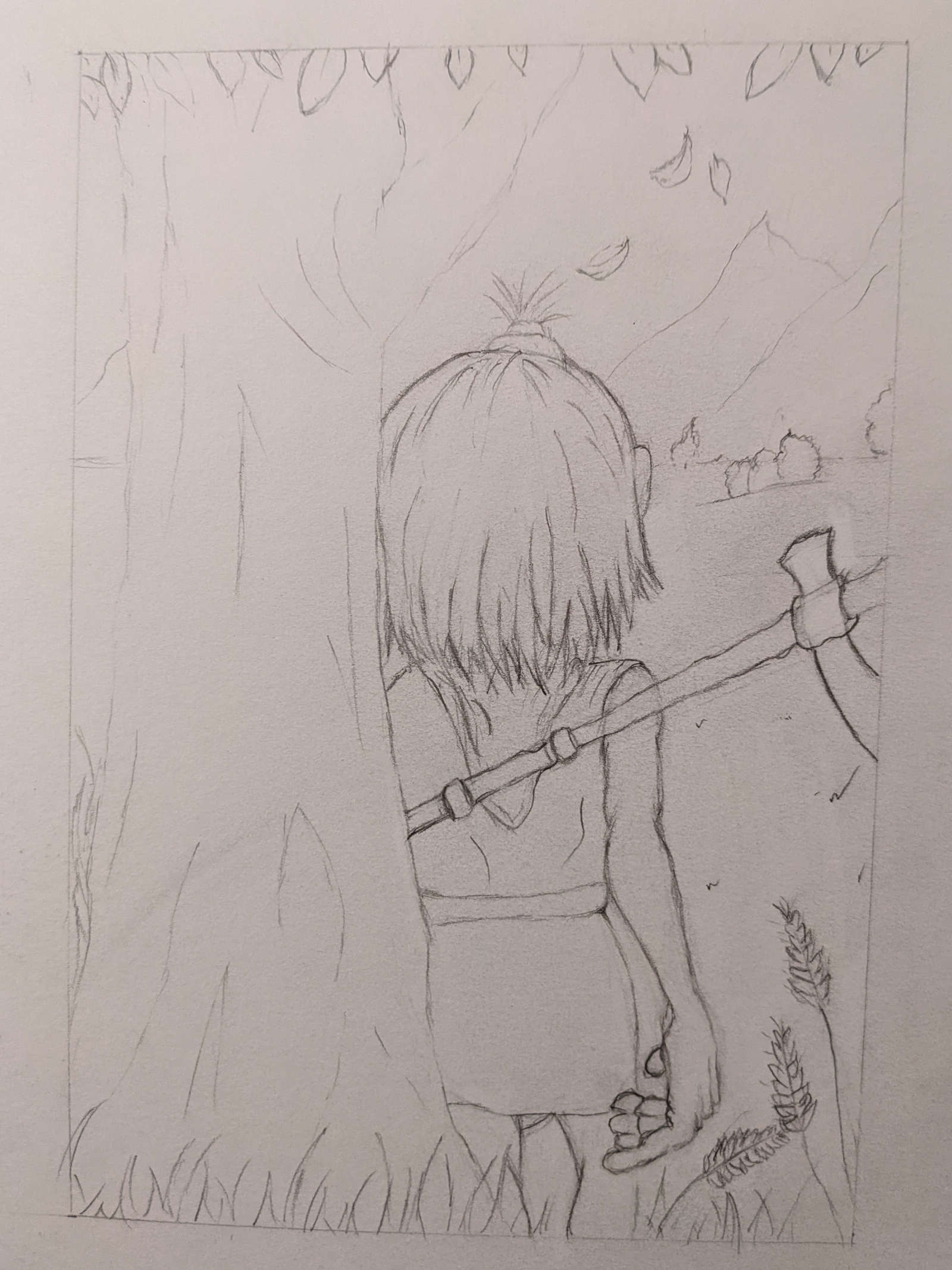 Boy standing in front of tree, looking beyond a field of grass toward mountains. Pencil sketch.