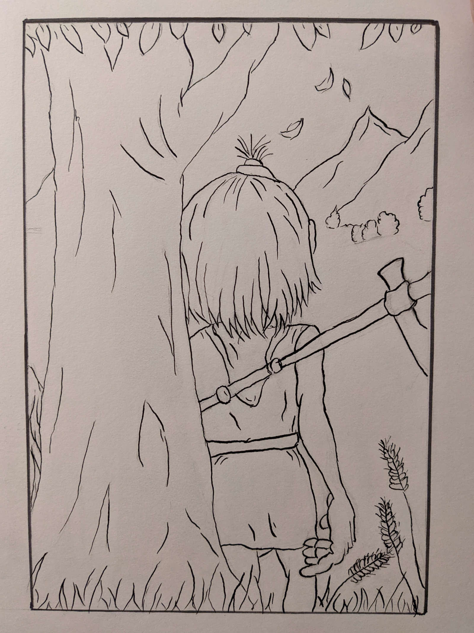 Boy standing in front of tree, looking beyond a field of grass toward mountains. Inked lines on drawing.