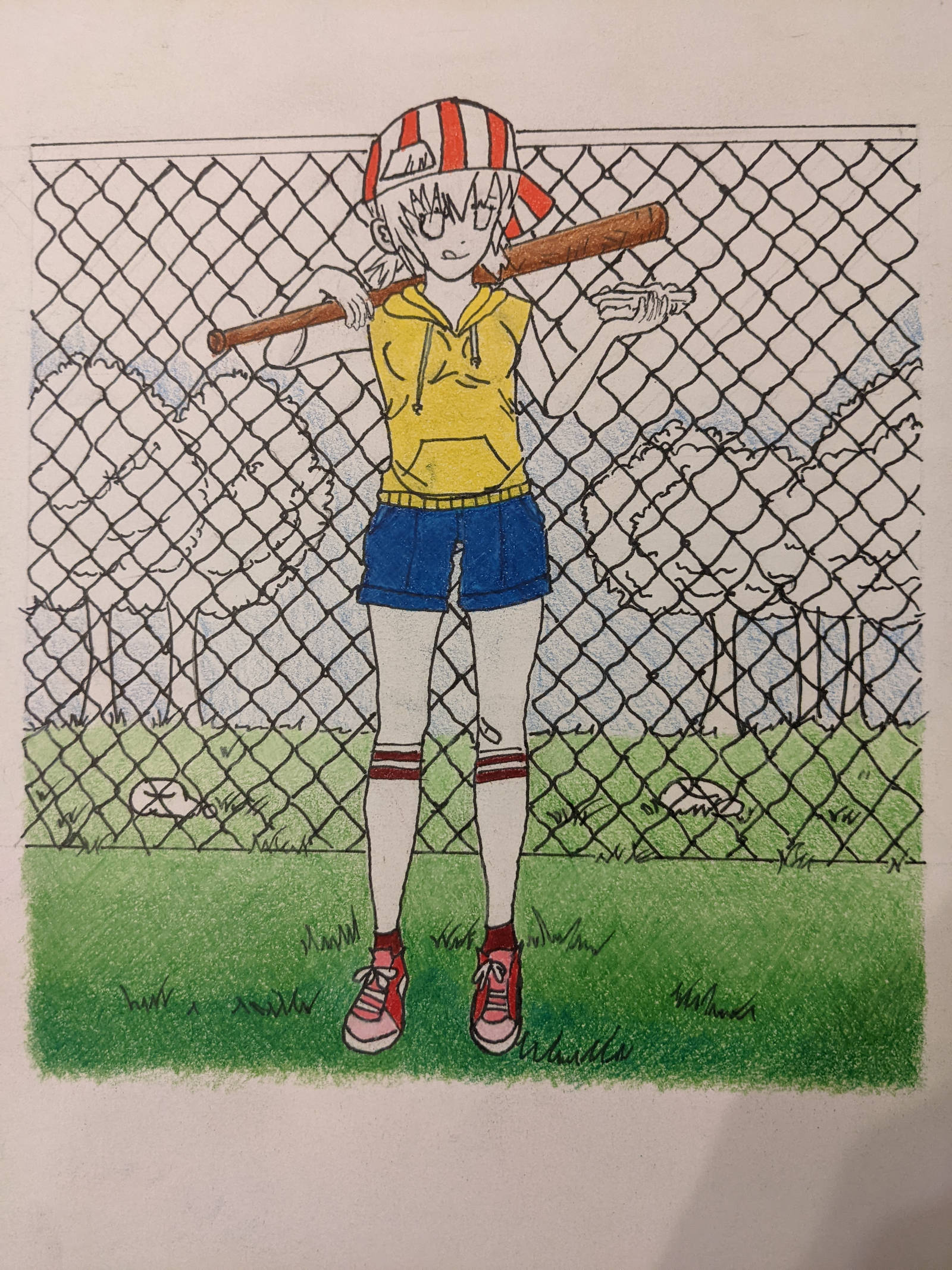 Girl holding a softball bat over her shoulder. In her left hand, holding a hotdog. She is standing in front of a chain-linked fence with trees in the background. Partially colored.