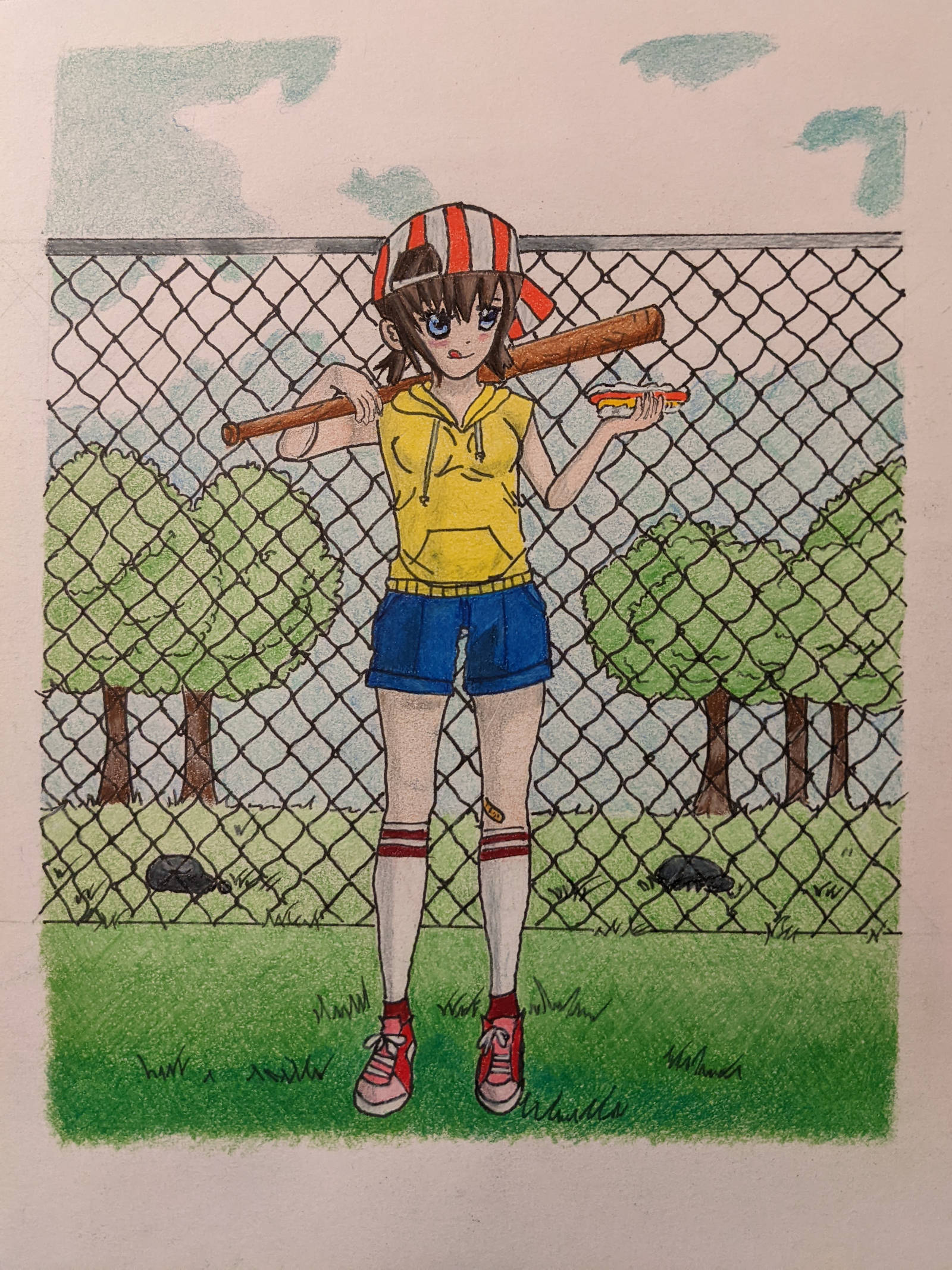 Girl holding a softball bat over her shoulder. In her left hand, holding a hotdog. She is standing in front of a chain-linked fence with trees in the background. Almost fully colored.