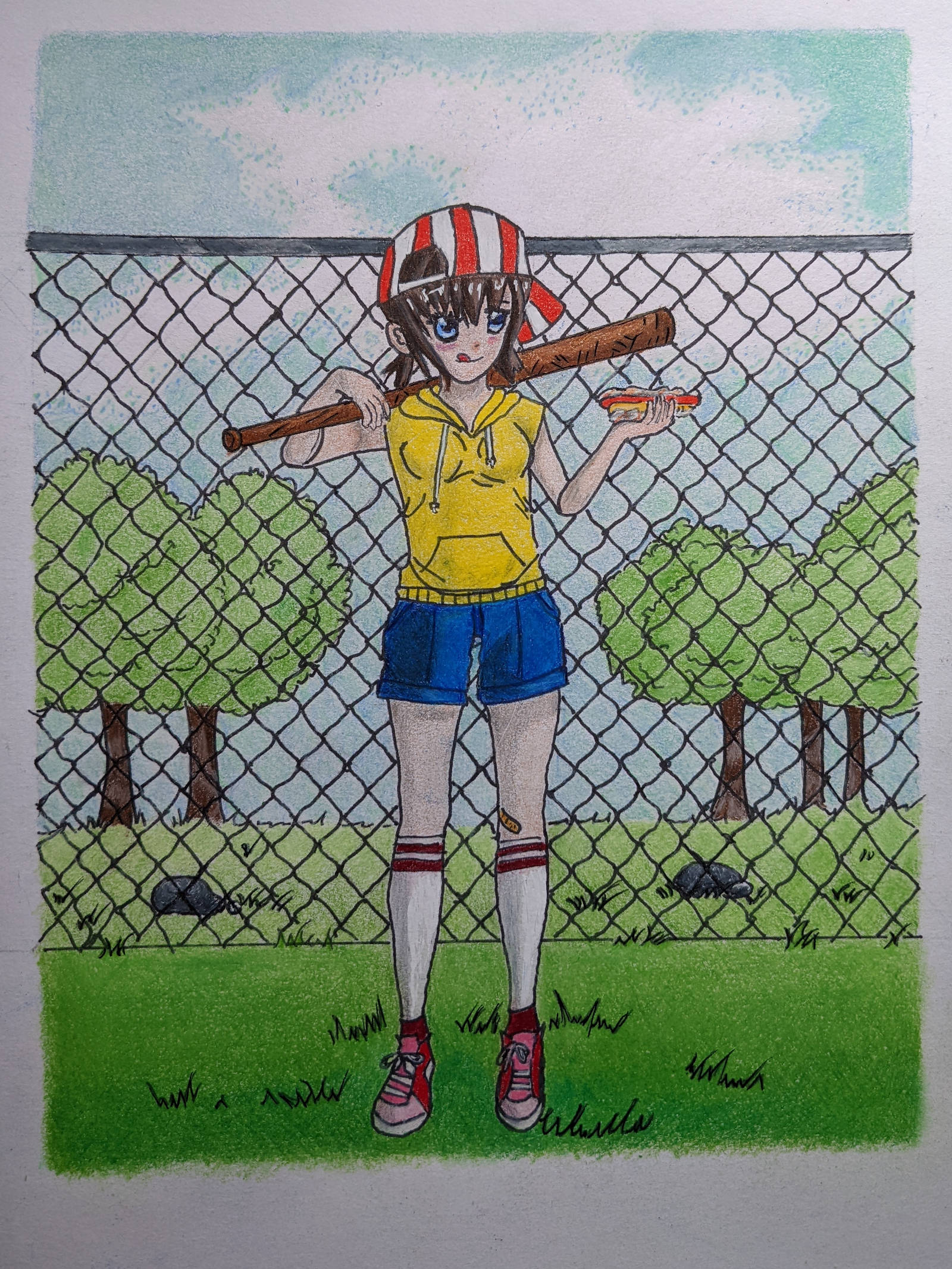 Girl holding a softball bat over her shoulder. In her left hand, holding a hotdog. She is standing in front of a chain-linked fence with trees in the background. Fully colored.