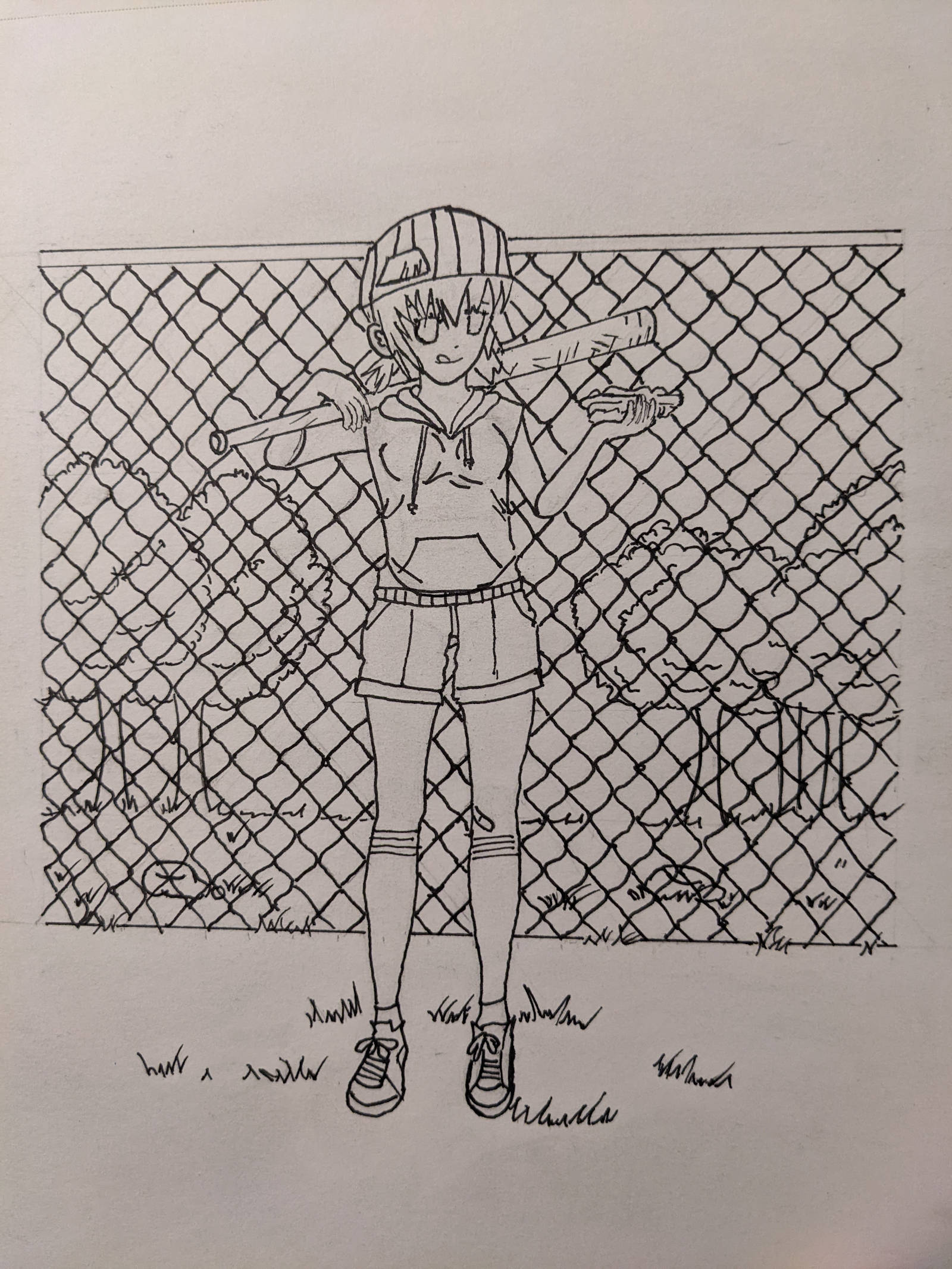 Girl holding a softball bat over her shoulder. In her left hand, holding a hotdog. She is standing in front of a chain-linked fence with trees in the background. Black and white.