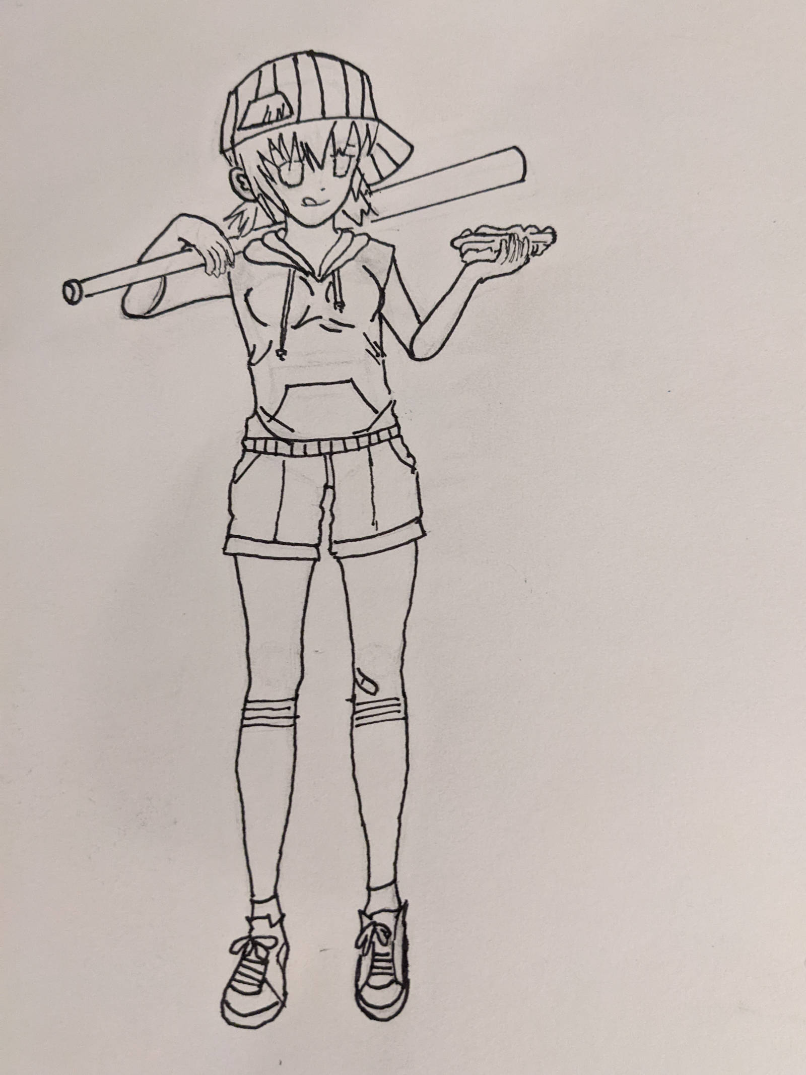 Girl holding a softball bat over her shoulder. In her left hand, holding a hotdog. Black and white.