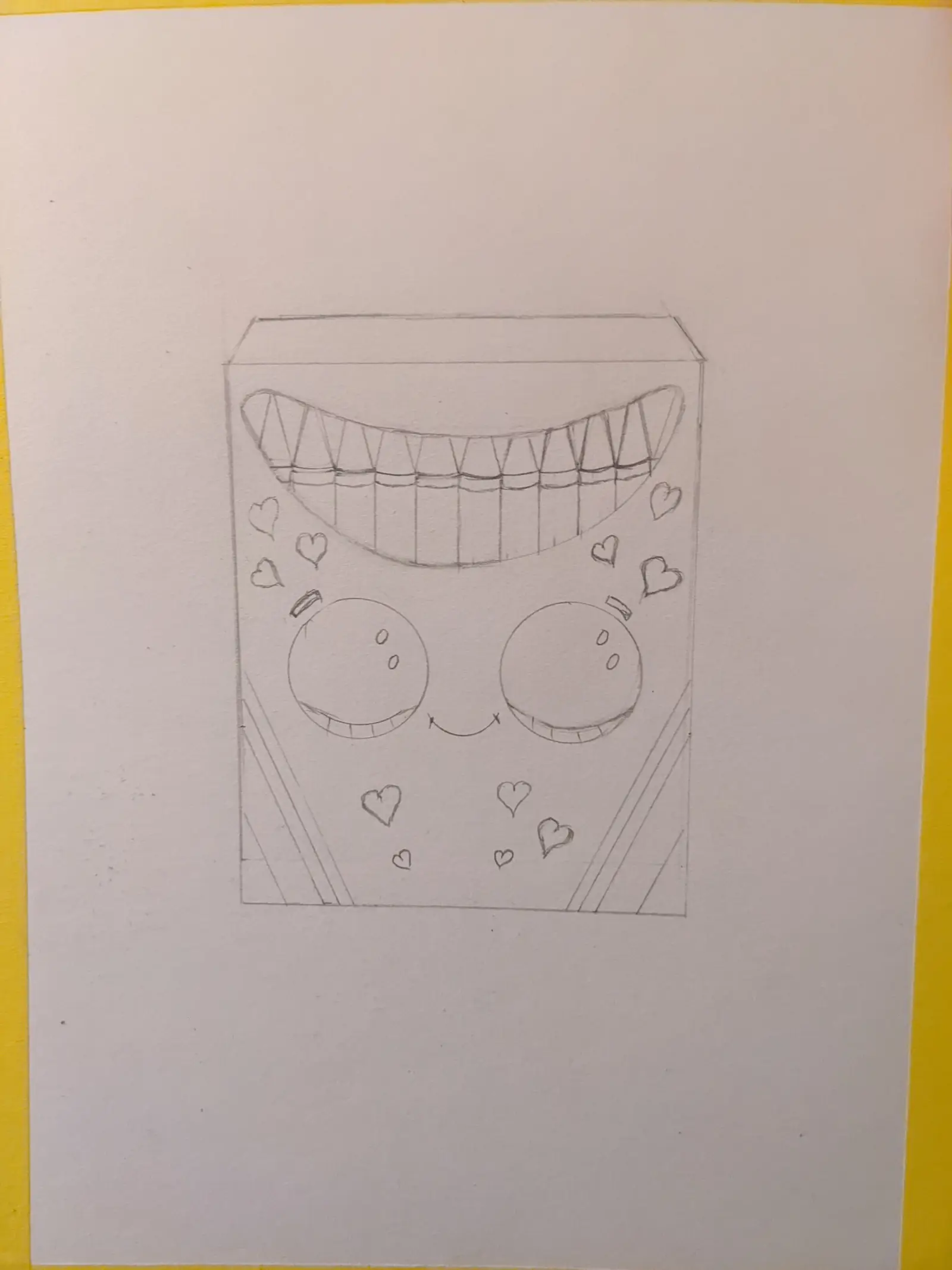 Hand-drawn color crayon box with a face and hearts on the design. Sketched.