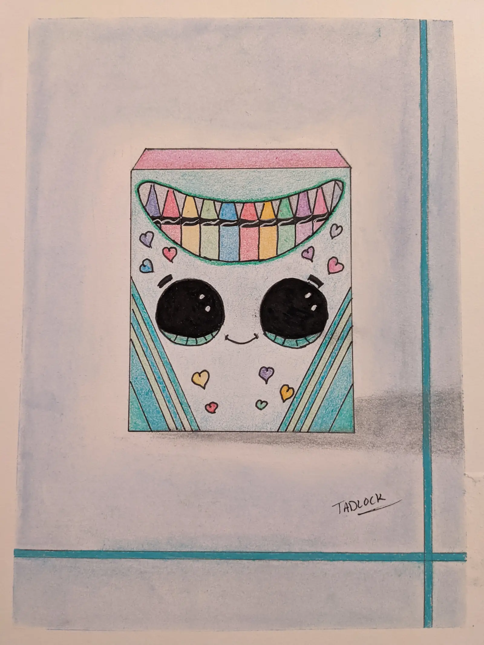 Hand-drawn color crayon box with a face and hearts on the design. Fully colored.