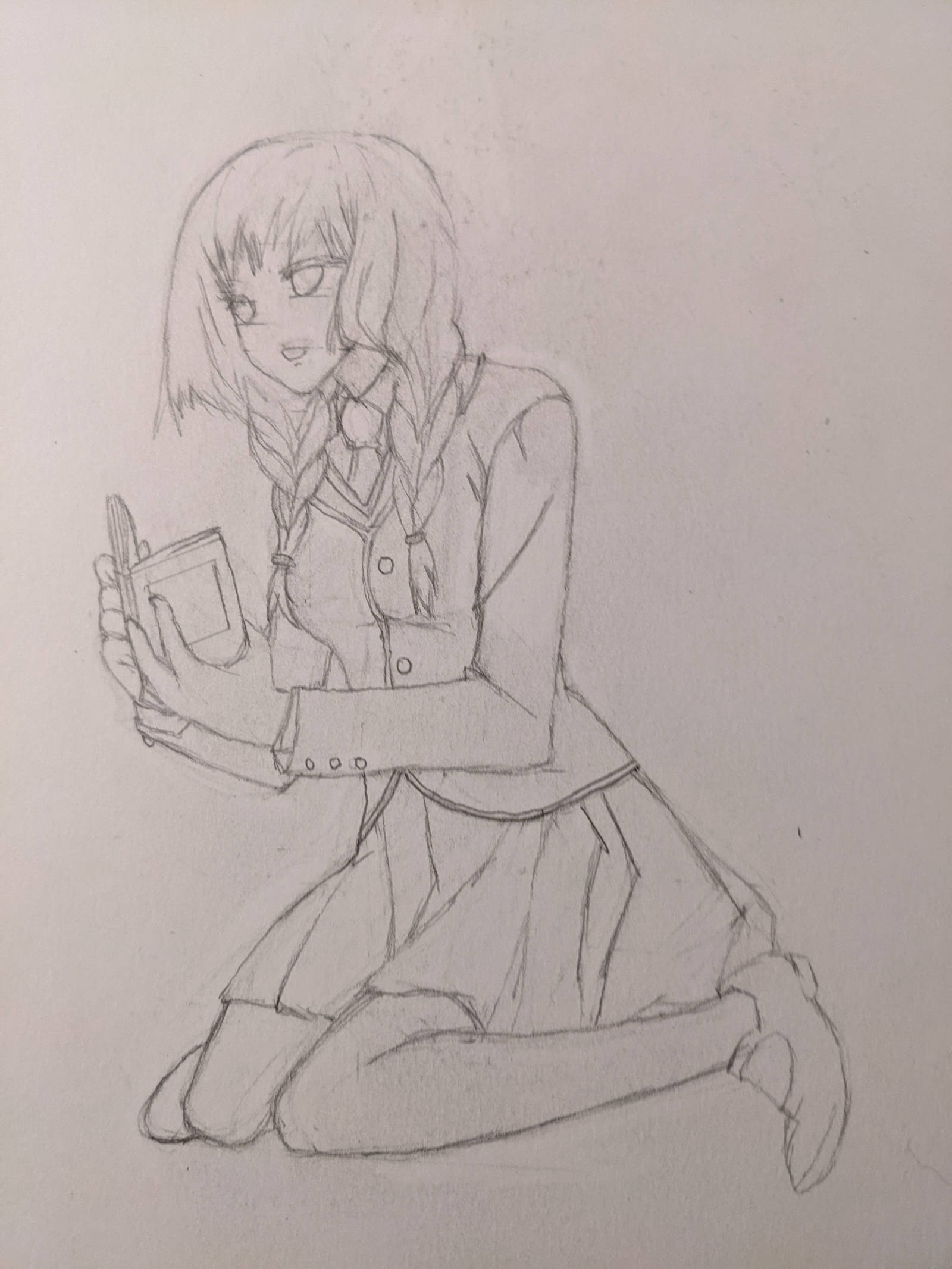 Girl with blazer and skirt sitting down. A tree is next to her. She is reading a diary. Penciled