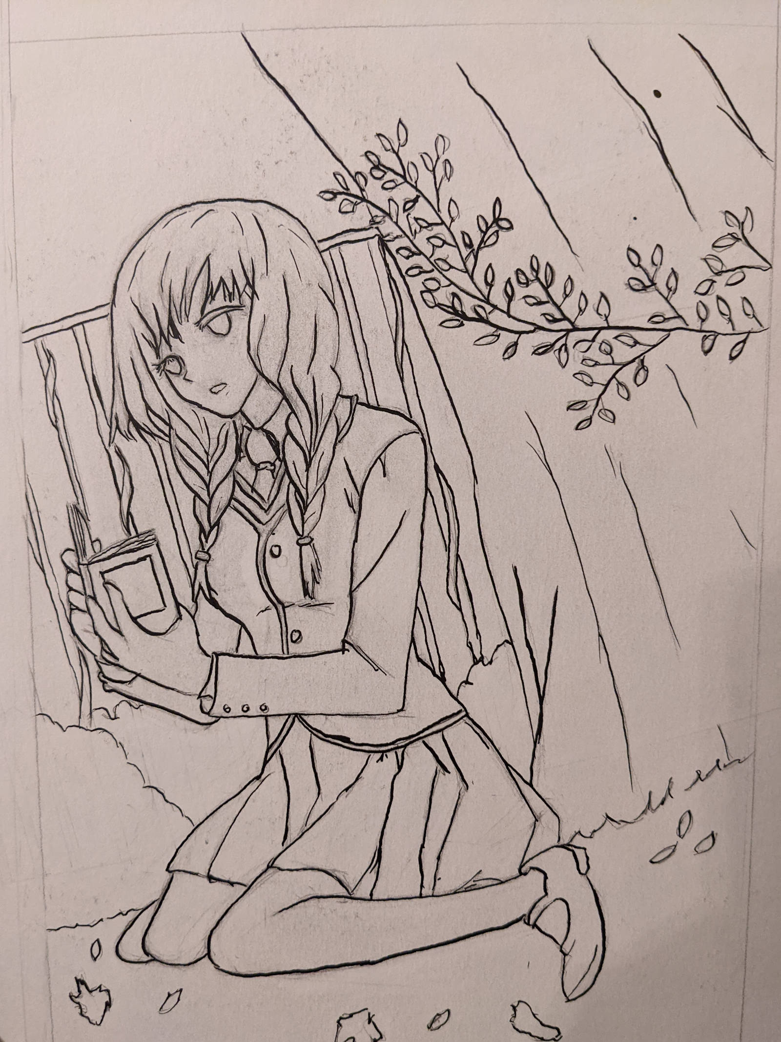 Girl with blazer and a skirt sitting in front of bushes and a fence. A tree is next to her. She is reading a diary. Black and white.