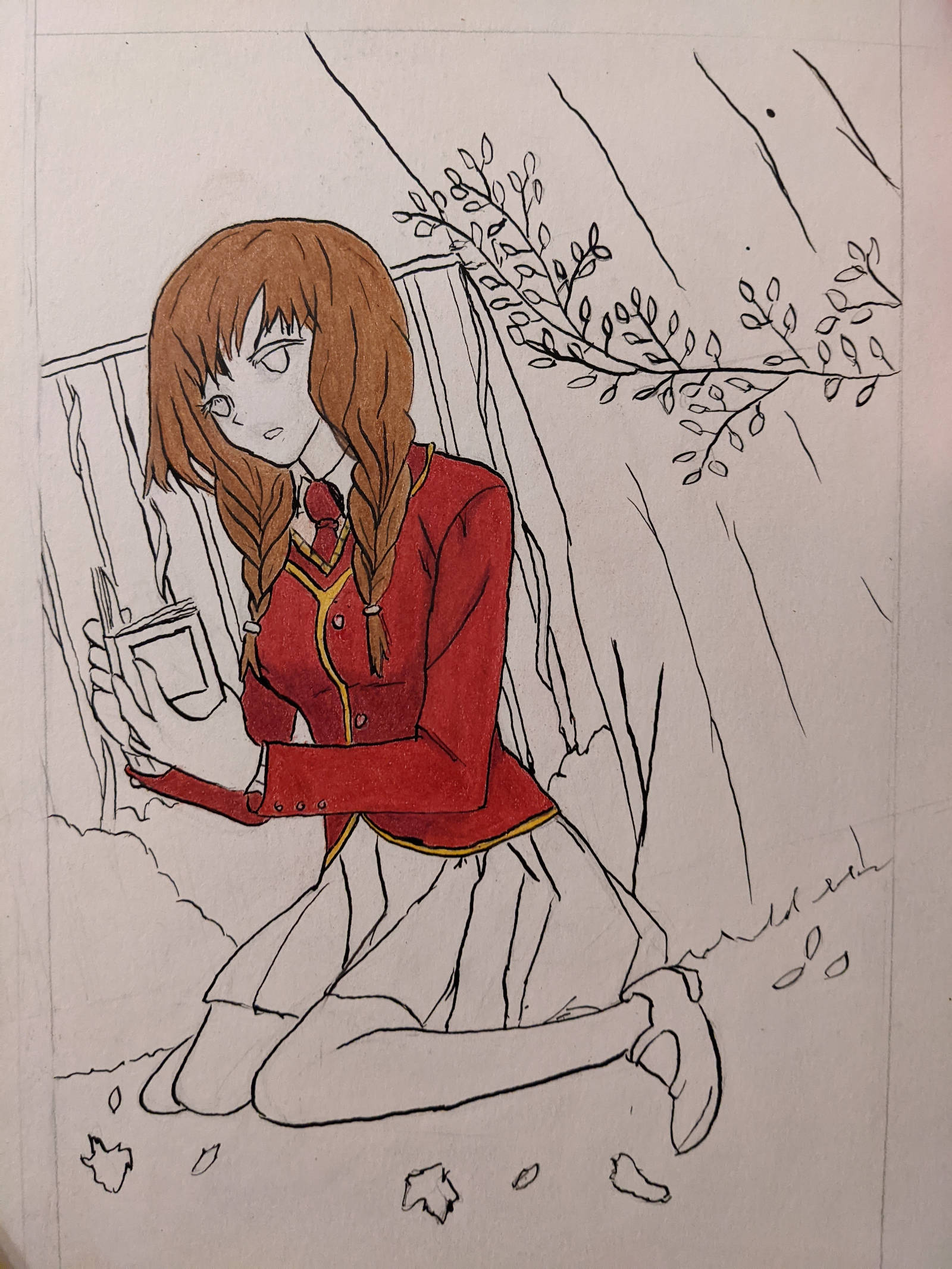 Girl with red blazer and skirt sitting in front of bushes and a fence. A tree is next to her. She is reading a diary. Only her hair and blazer are colored.