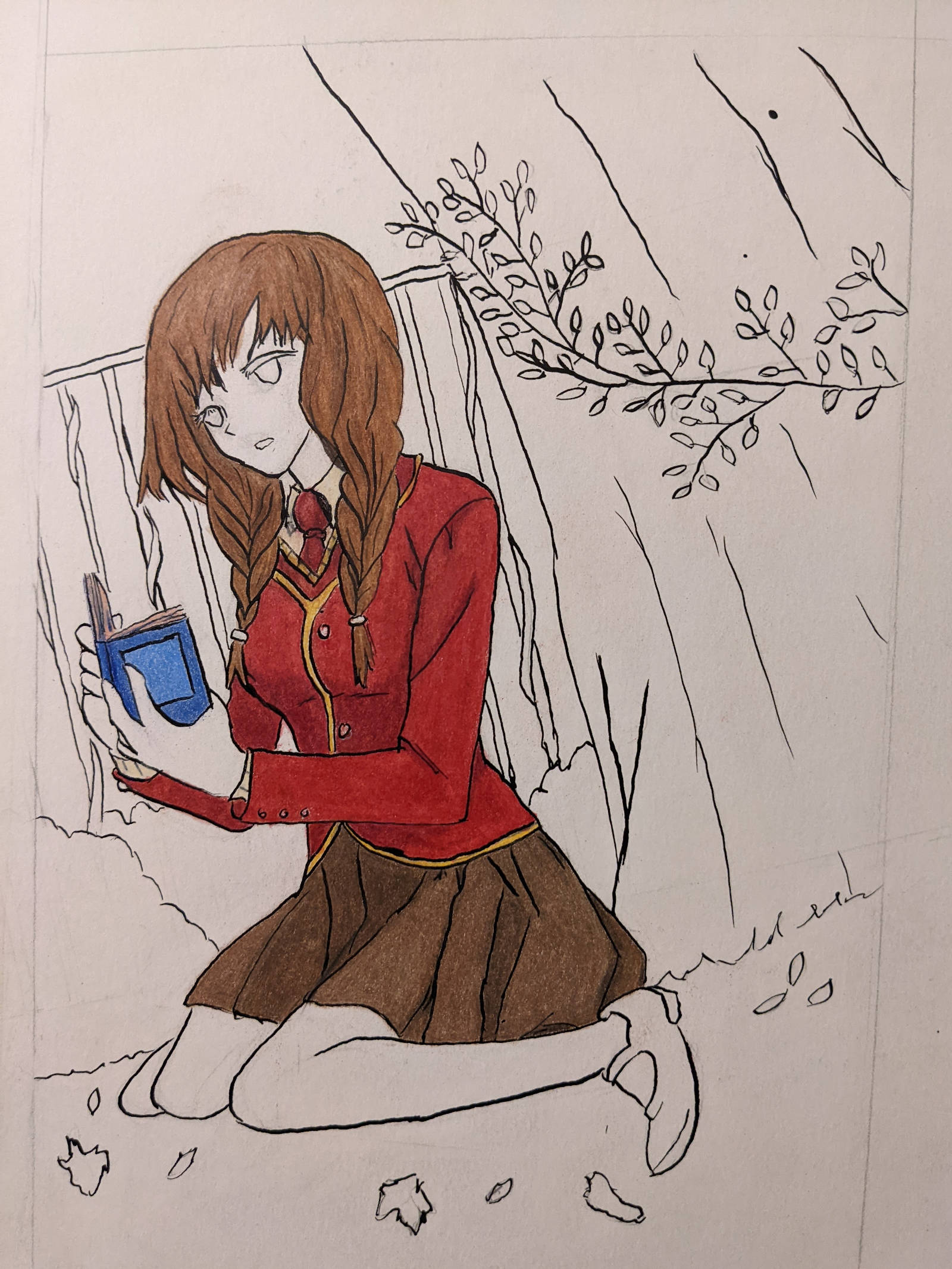 Girl with red blazer and a brown skirt sitting in front of bushes and a fence. A tree is next to her. She is reading a diary. Background is uncolored.
