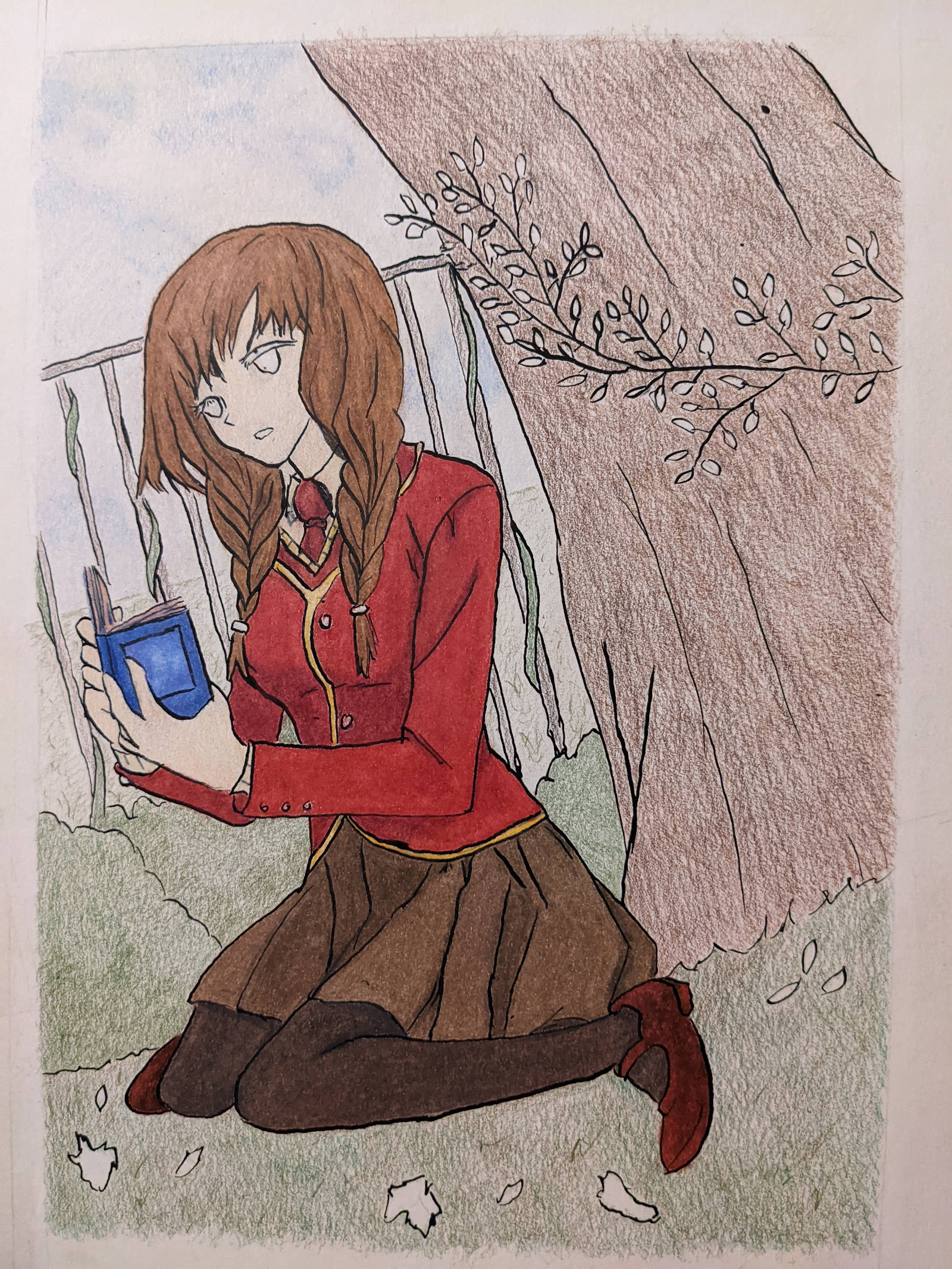 Girl with red blazer and a brown skirt sitting in front of bushes and a fence. A tree is next to her. She is reading a diary. Only the girl is fully colored.