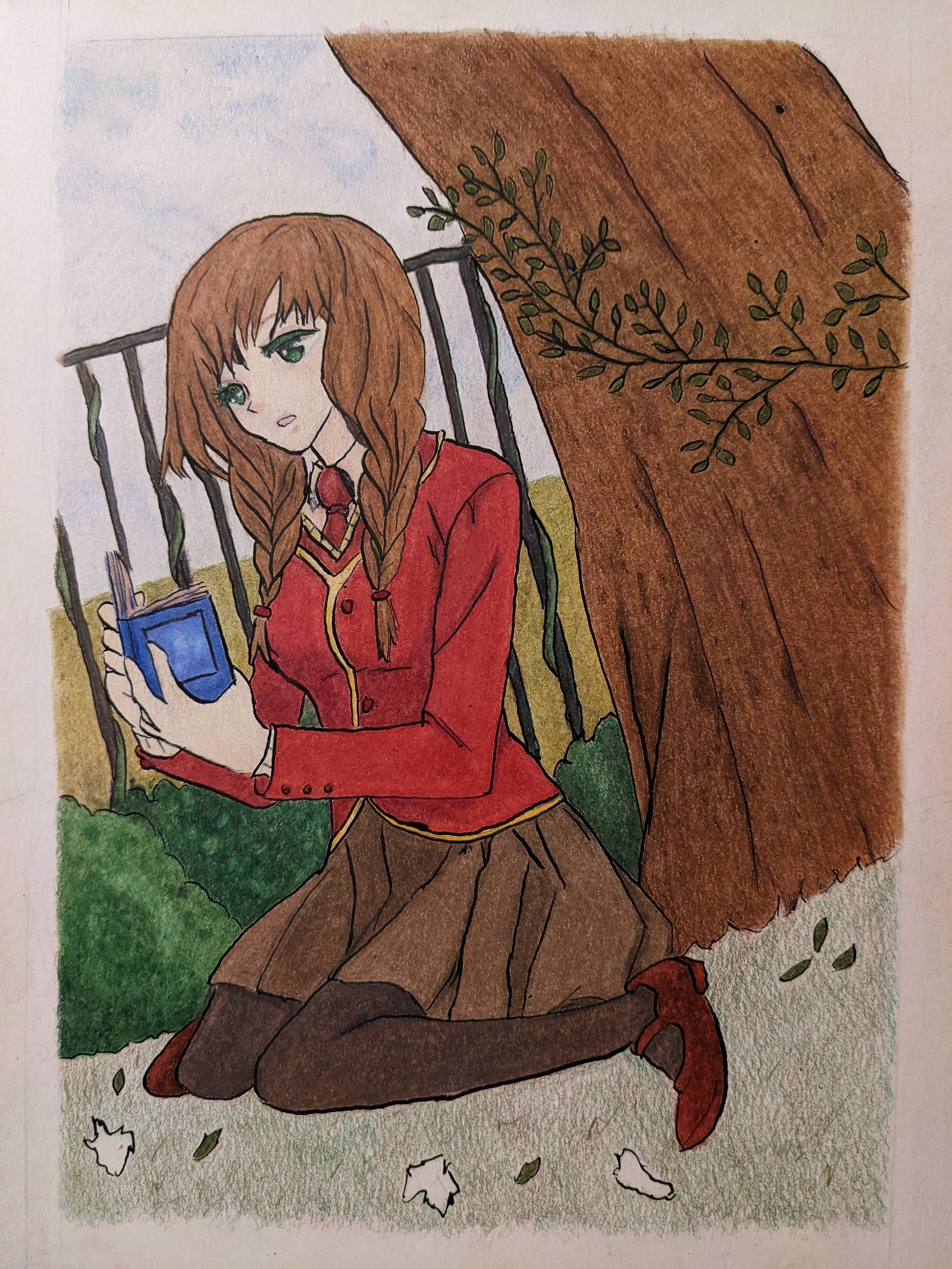 Girl with red blazer and a brown skirt sitting in front of bushes and a fence. A tree is next to her. She is reading a diary. Grass in front of her not fully colored.