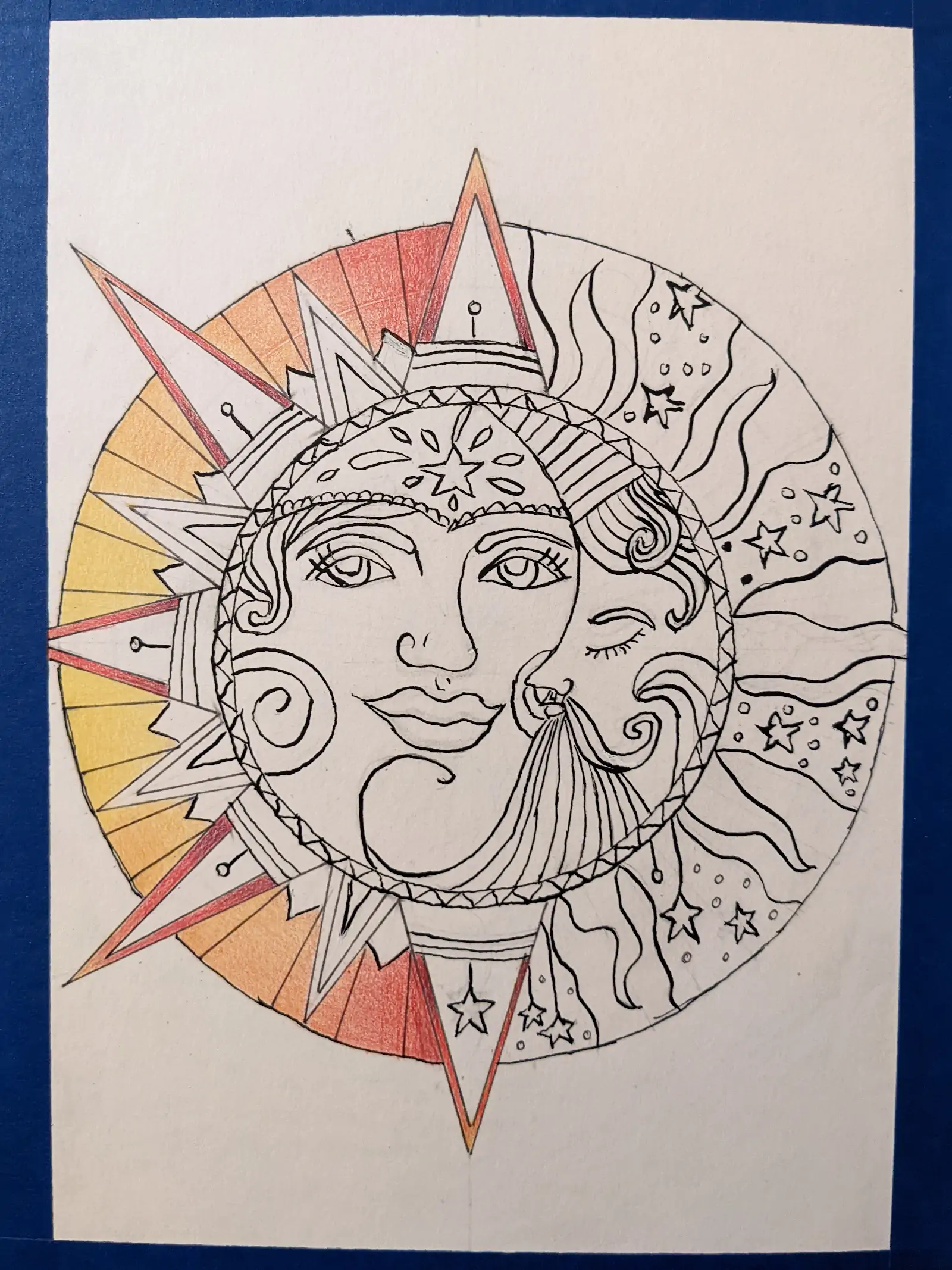 Sun and moon in yin-and-yang-style drawing. Colored ring around sun.