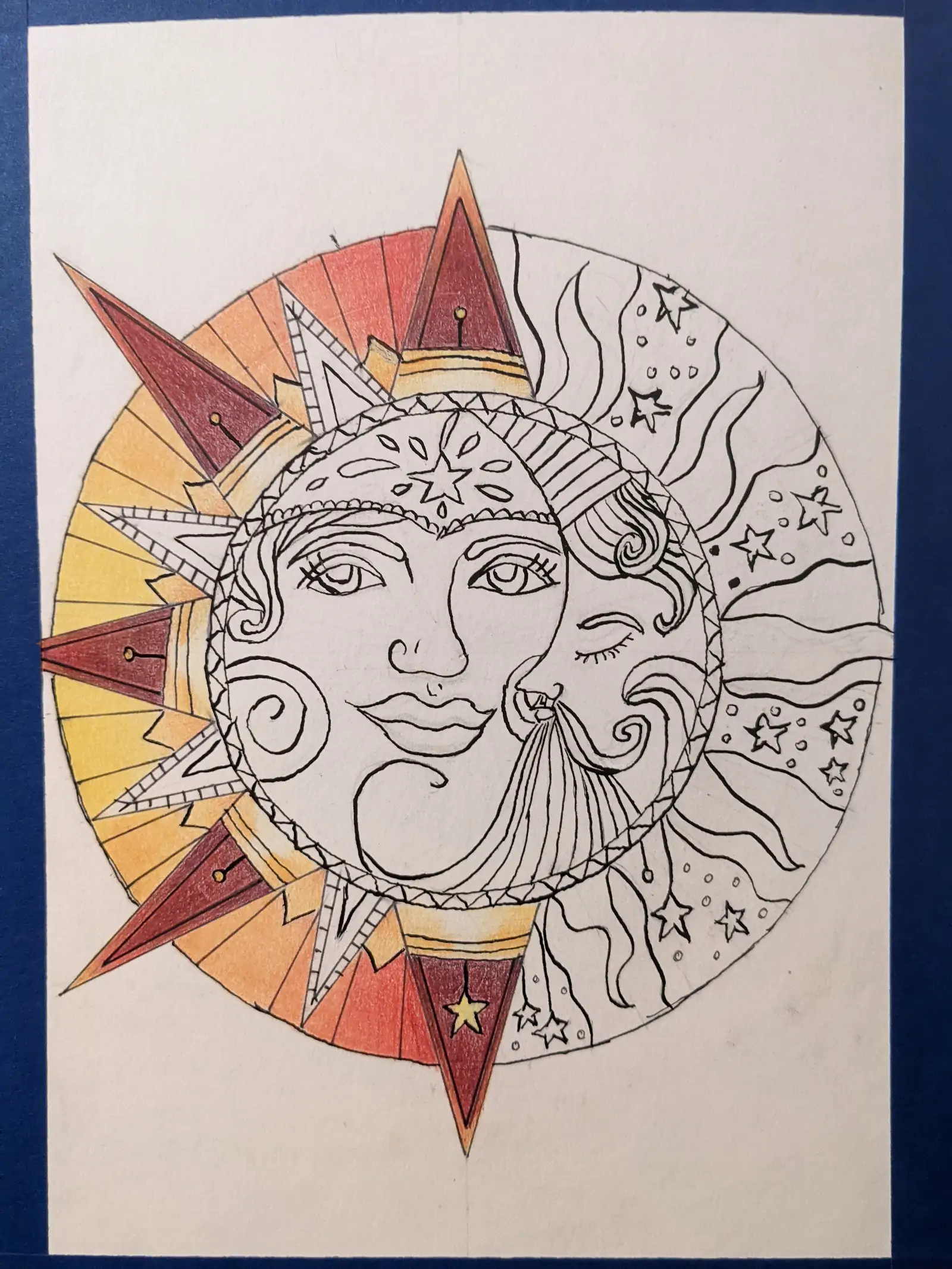 Sun and moon in yin-and-yang-style drawing. Colored ring and spikes from sun.