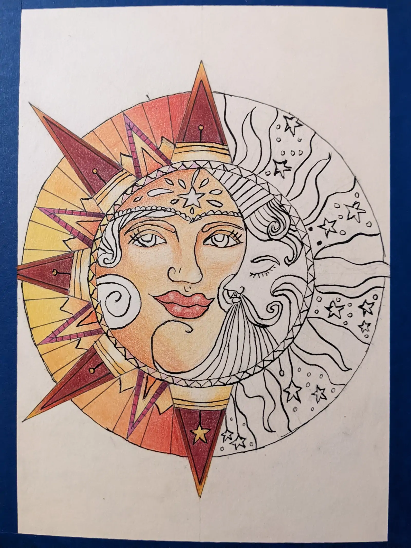 Sun and moon in yin-and-yang-style drawing. Colored ring, spikes, and sun face.