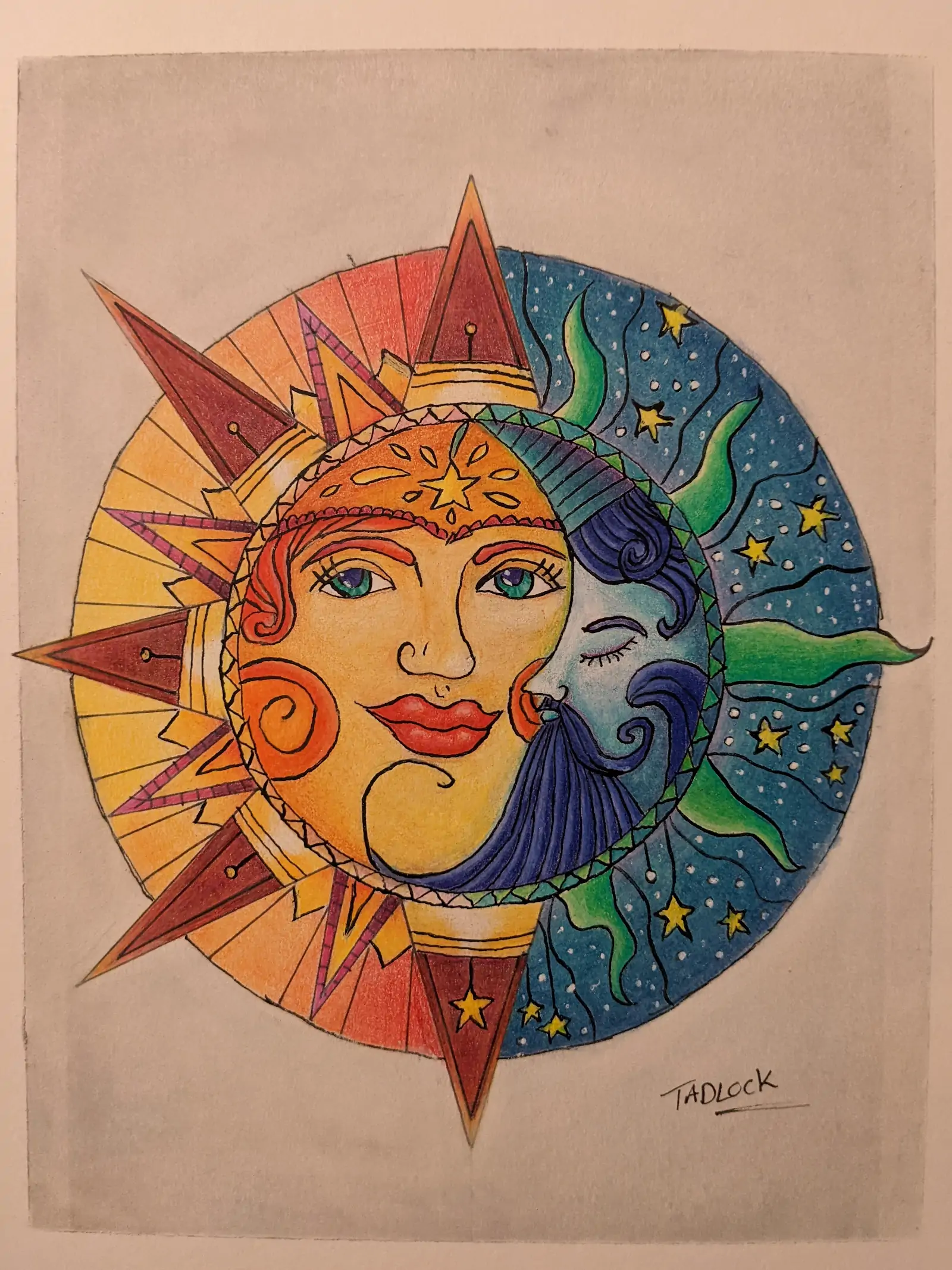 Sun and moon in yin-and-yang-style drawing. Full color.