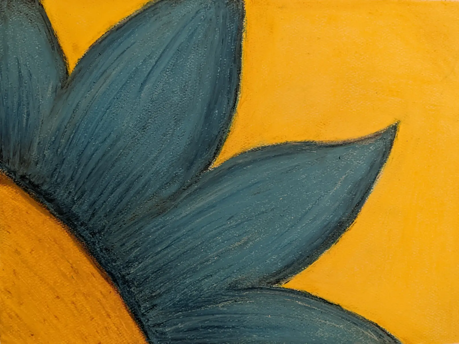Sunflower emerging from the corner of the page with blue petals. Oil pastel drawing.