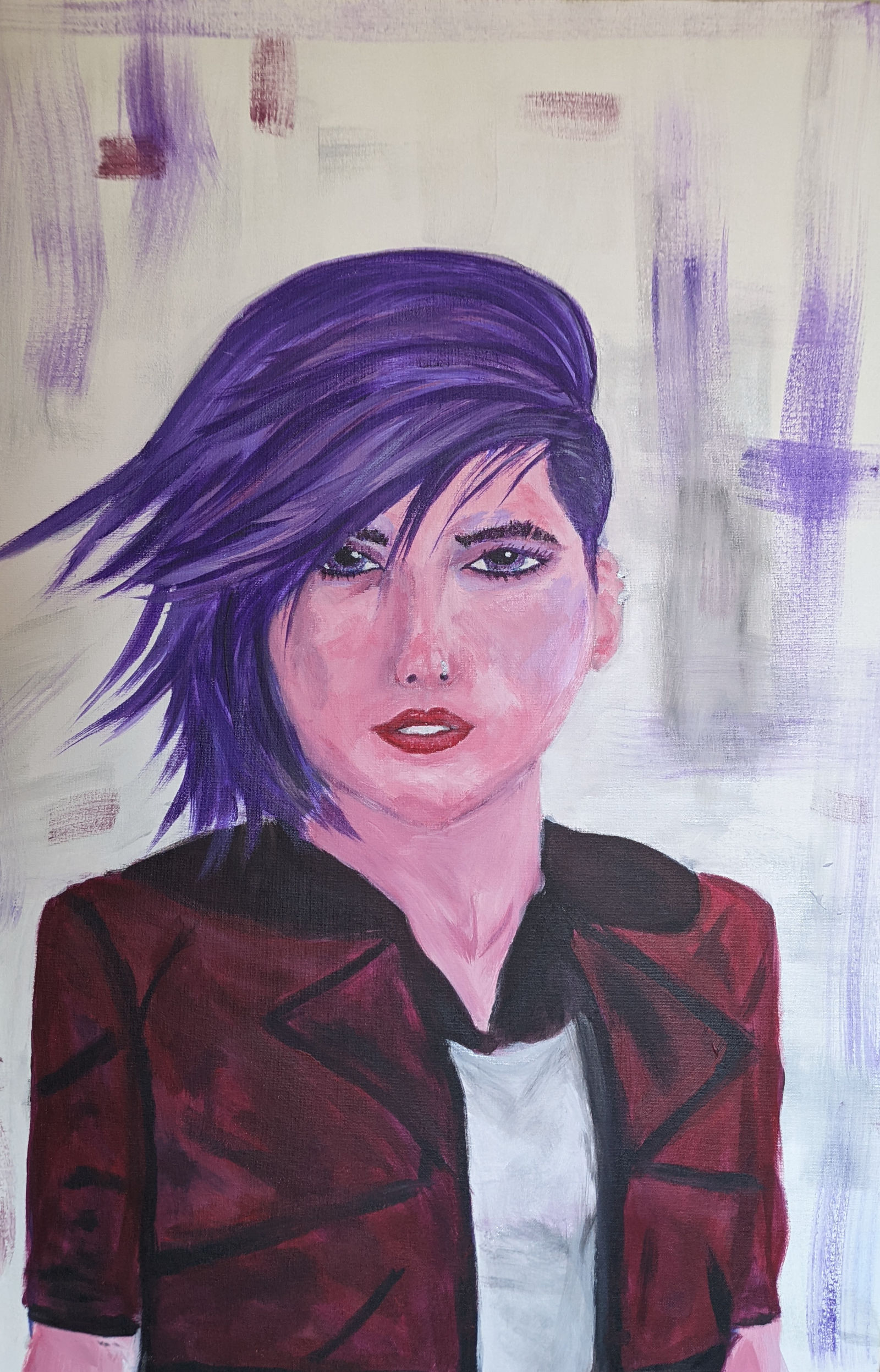 Painting of a woman with short purple hair.