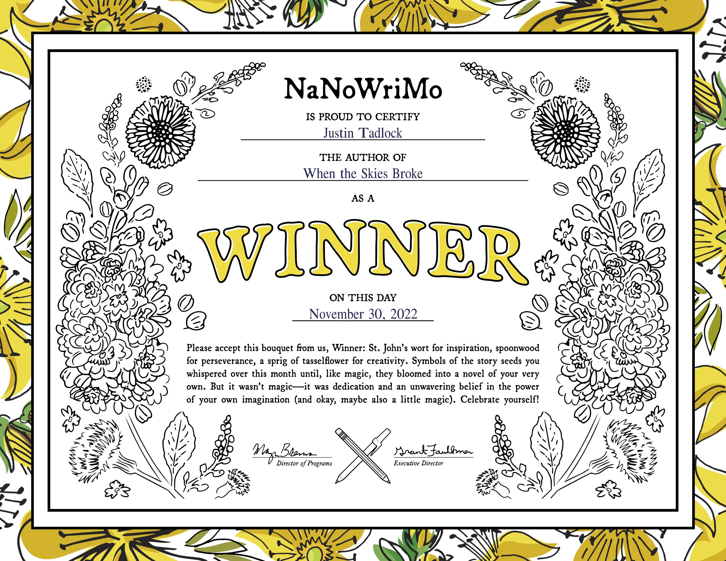 Certificate that certifies Justin Tadlock won National Novel Writing Month 2022.