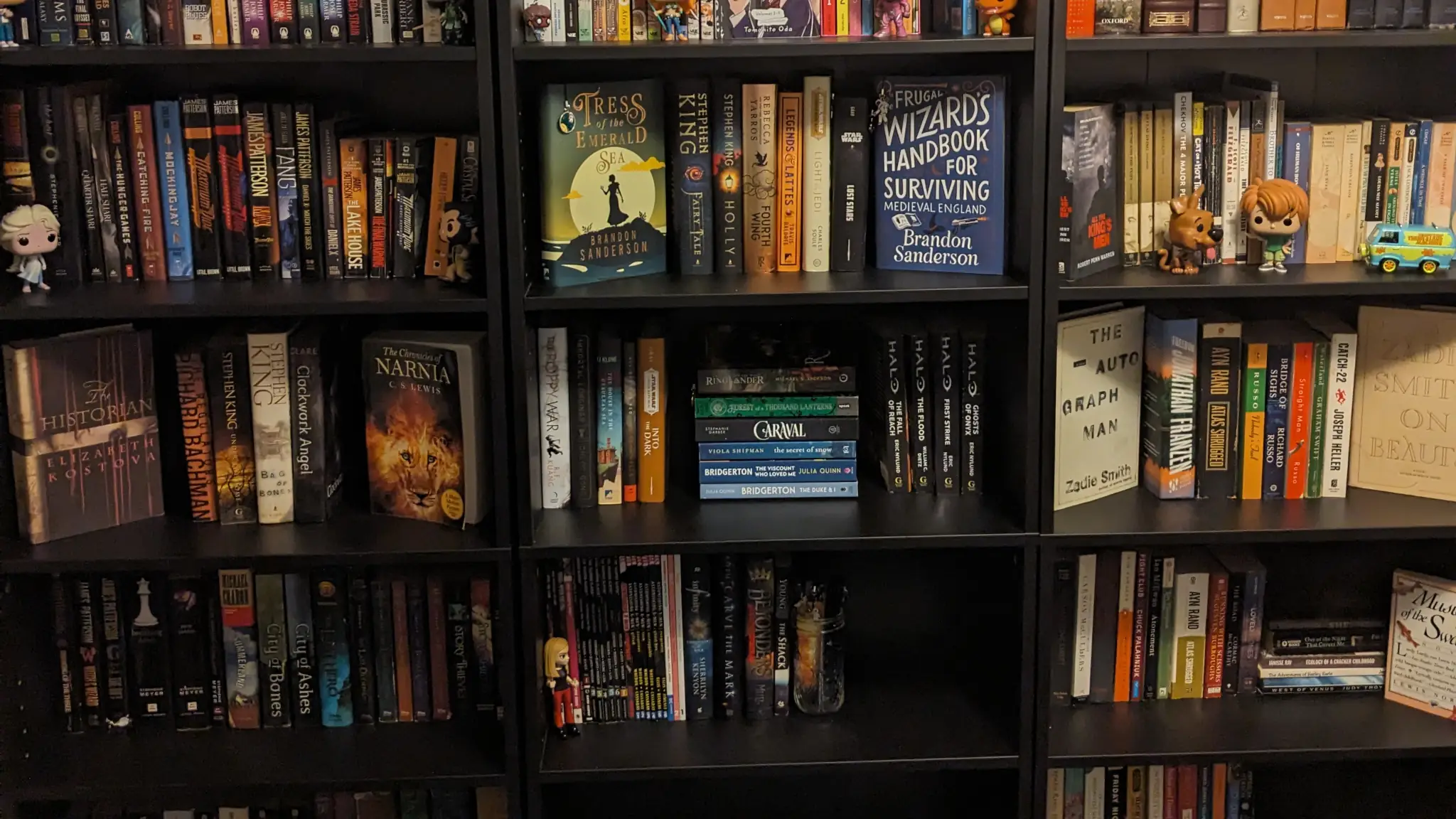Horizontal image of three bookshelves next to each other and filled with books.