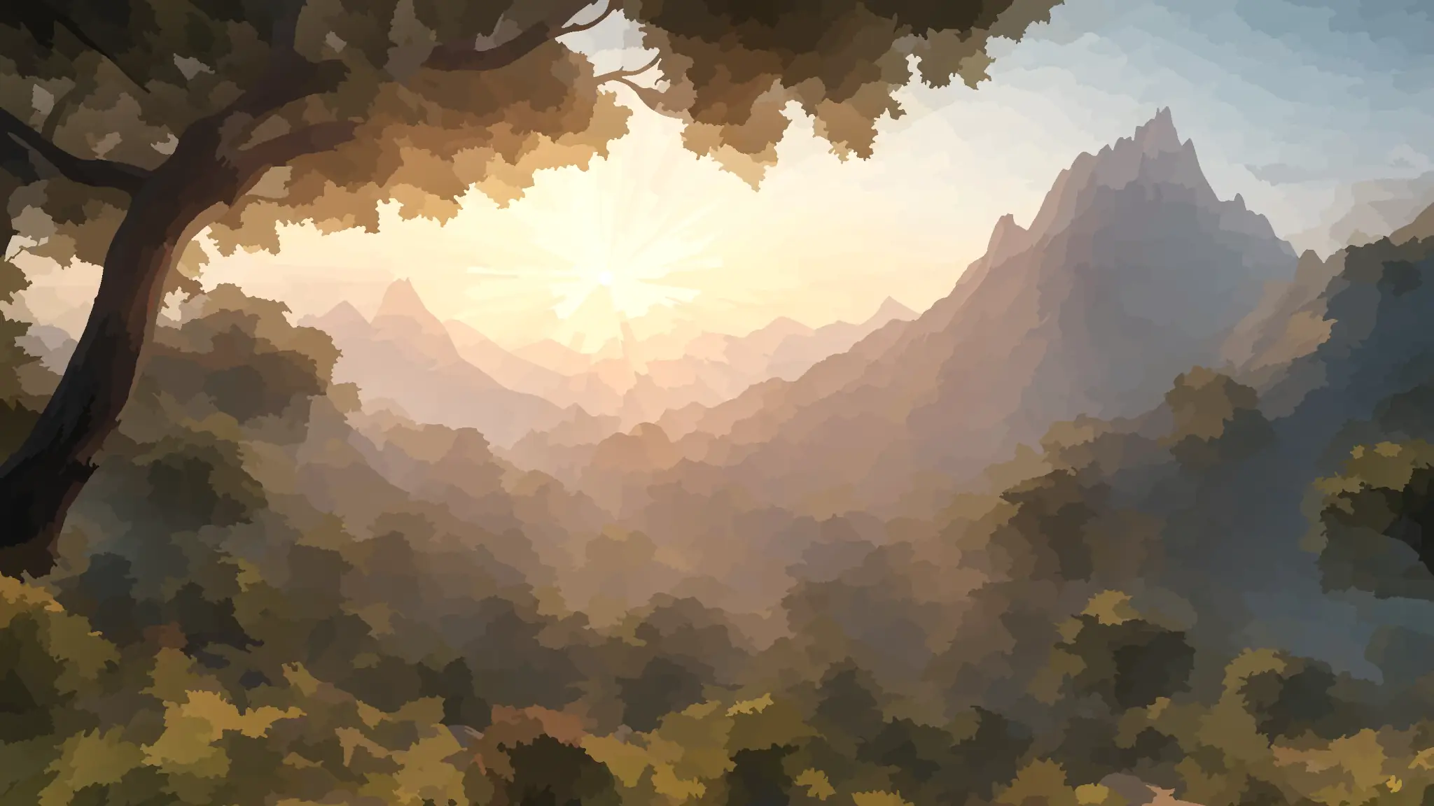 The sun rising over distant mountains. There is a tree and shrubs in the foreground. In the style of watercolors.