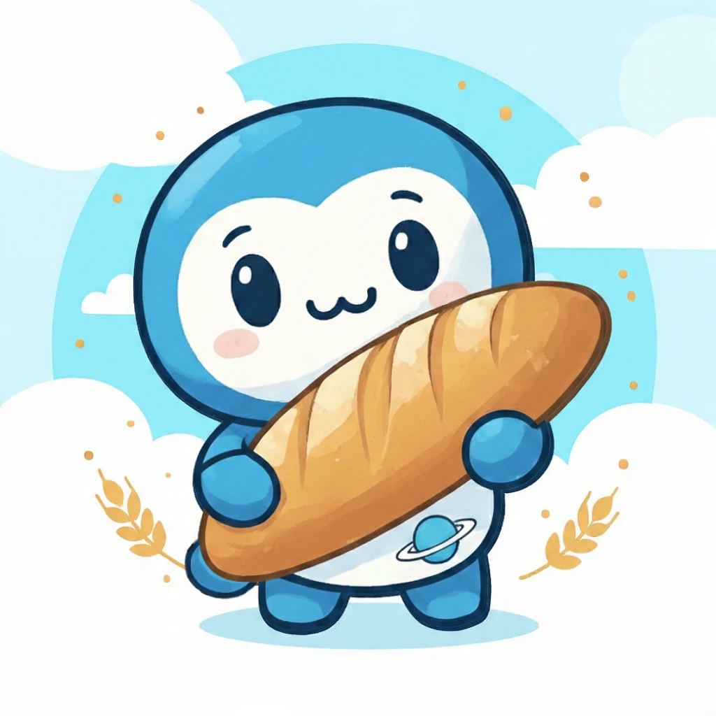 Nova, a cute blue space creature, holding a baguette.