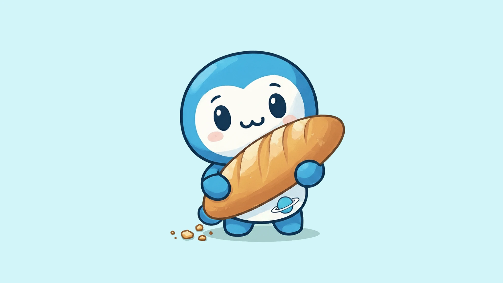 Nova, a cute blue space creature, with a baguette.