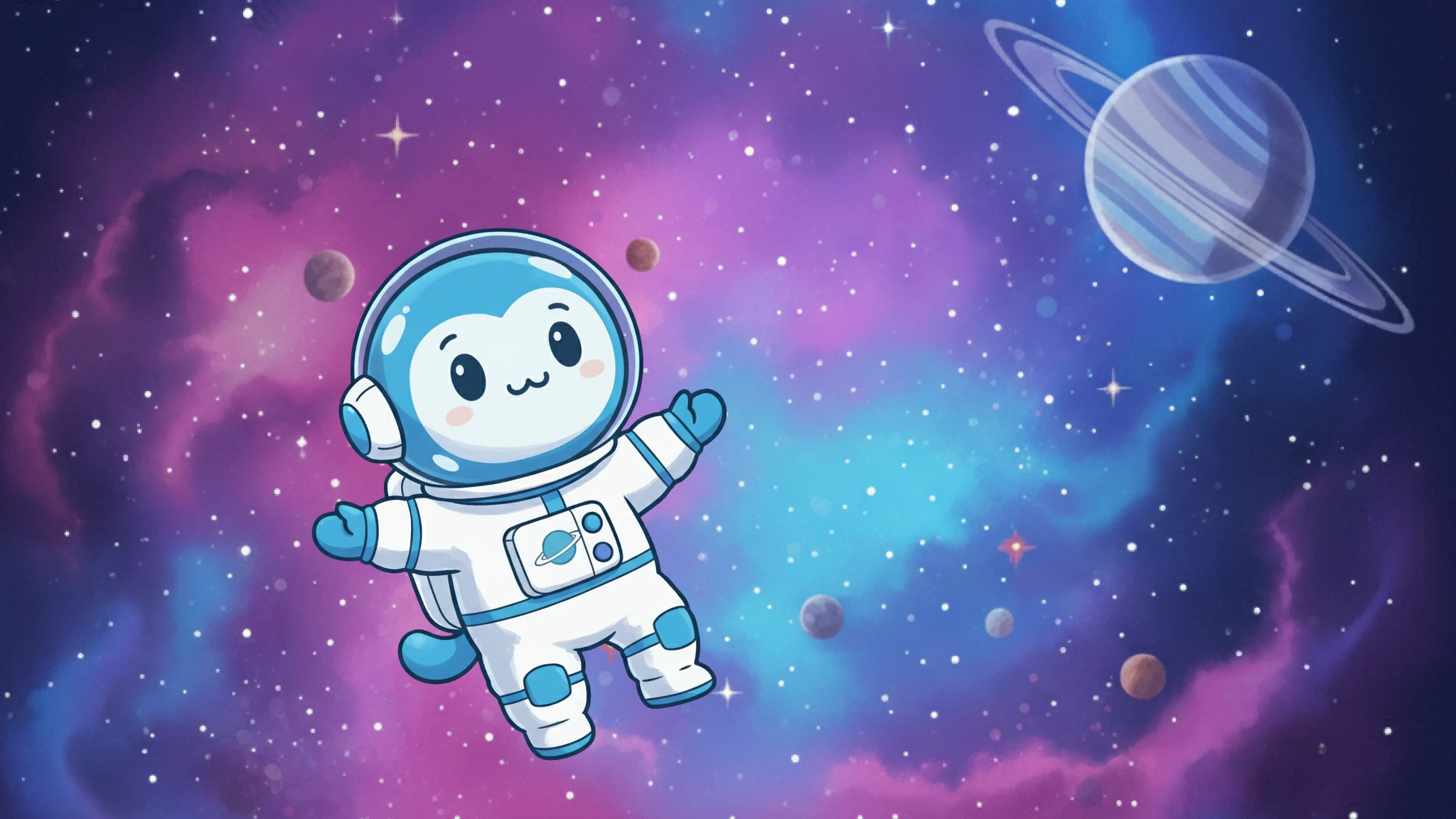 Nova, a cute blue space creature, with a baguette.